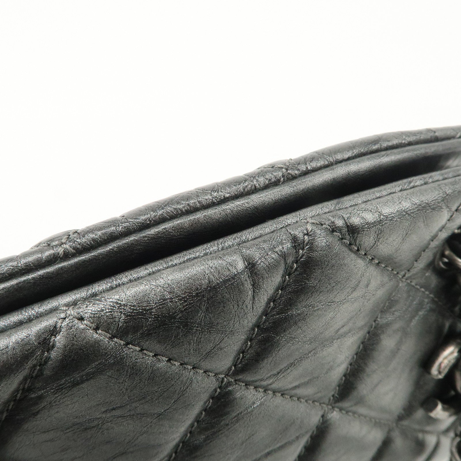 CHANEL Matelasse Leather Mademoiselle Chain Shoulder Bag Gray Silver Used