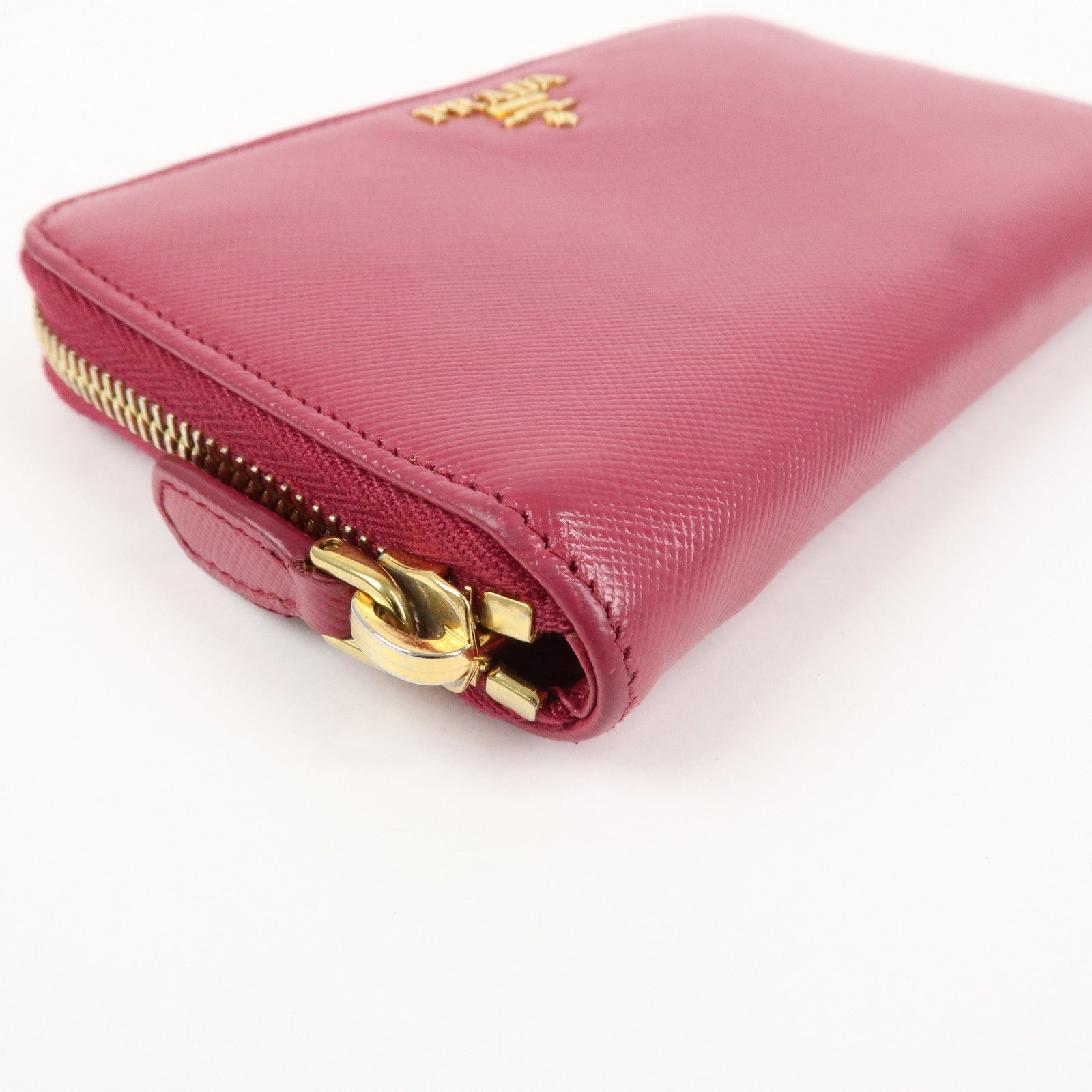 PRADA Logo Leather Round Zippy Wallet Pink Gold Hardware Used