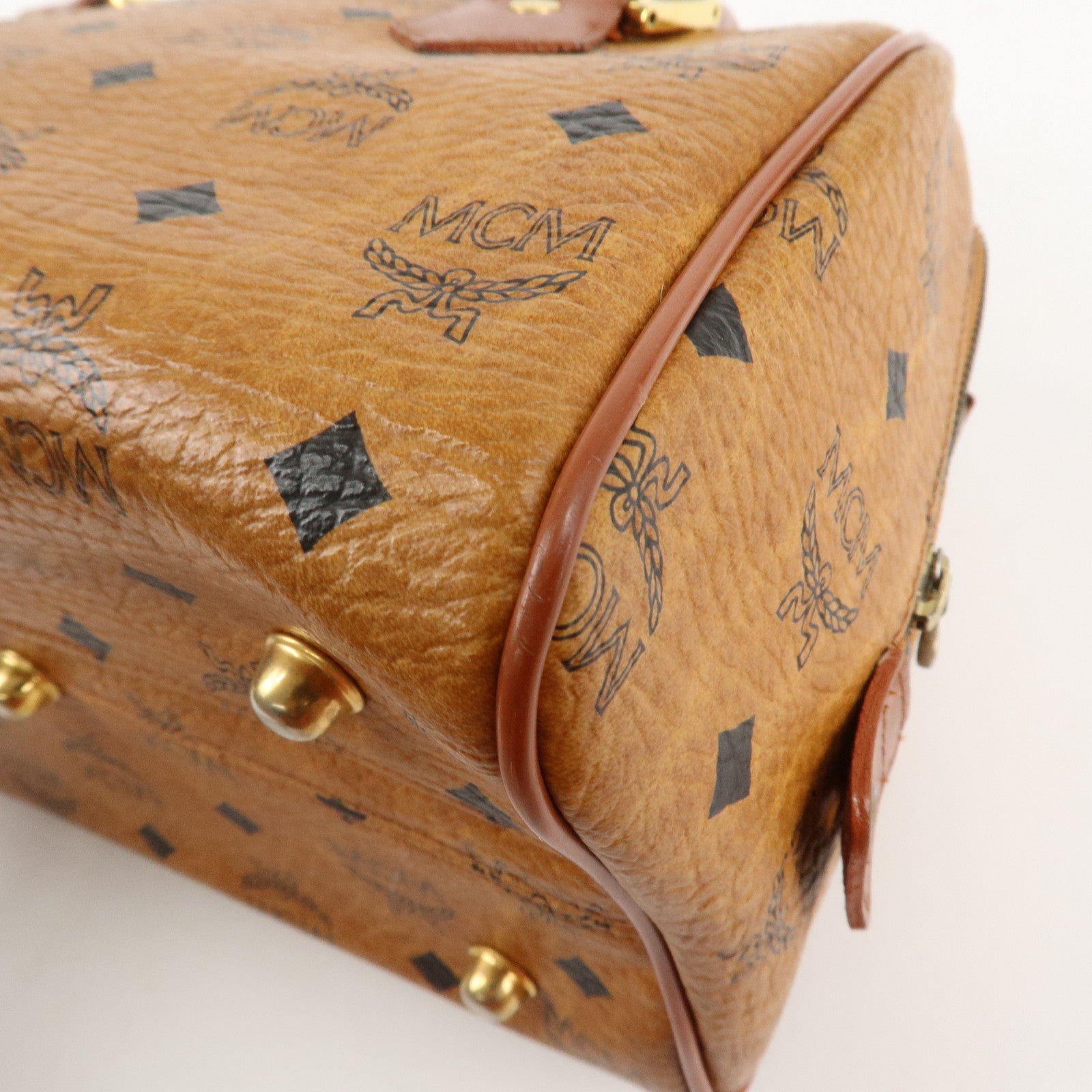 MCM Visetos Leather Boston Bag Hand Bag Brown Gold Hardware Used