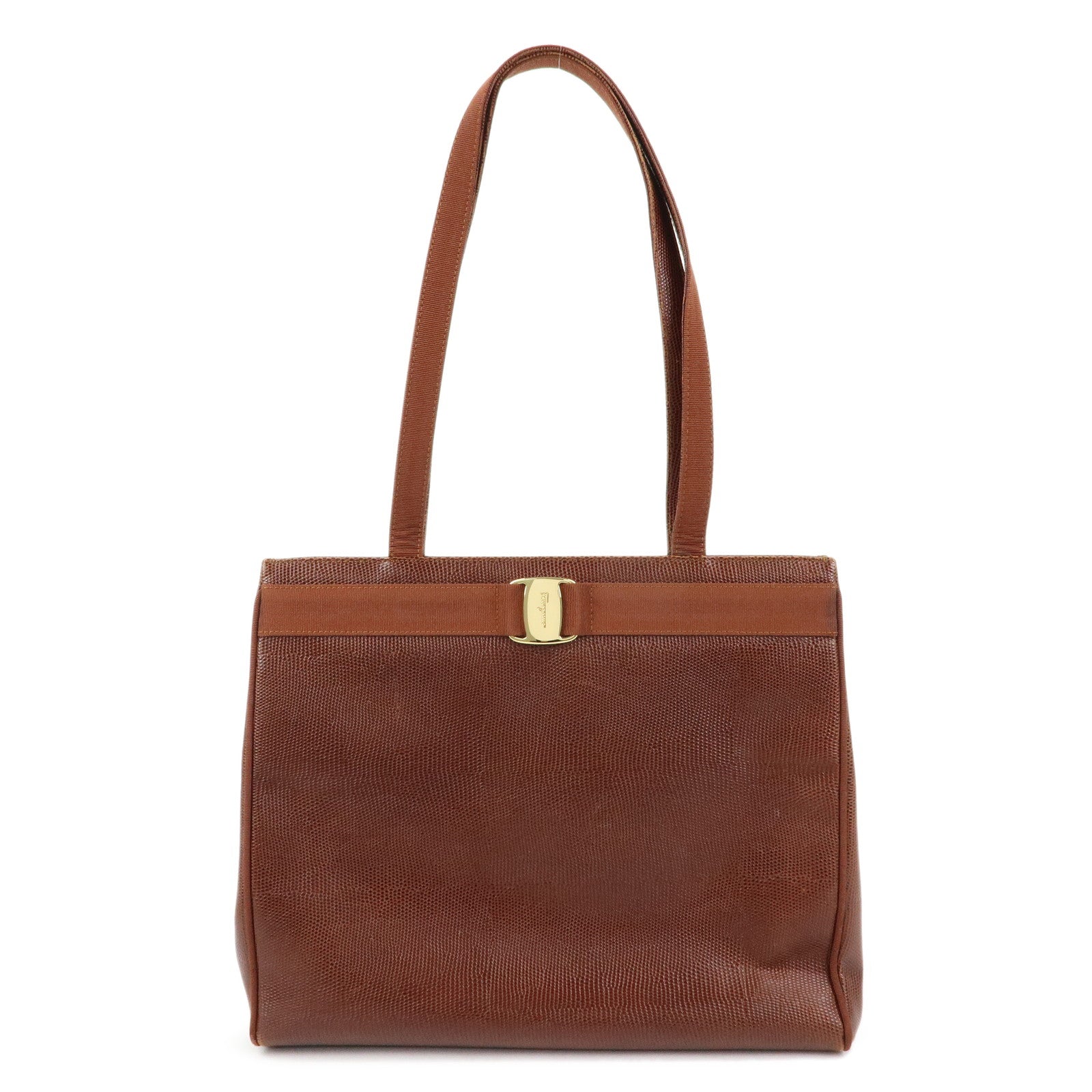 Ferragamo Vara Embossed Leather Tote Bag Shoulder Bag Brown