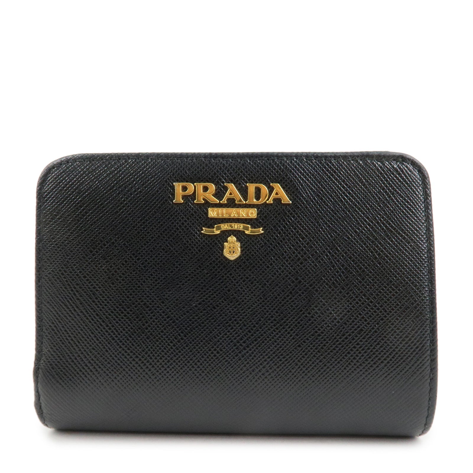 PRADA Saffiano Leather Bi-Fold Wallet Black Red Gold 1ML018 Used