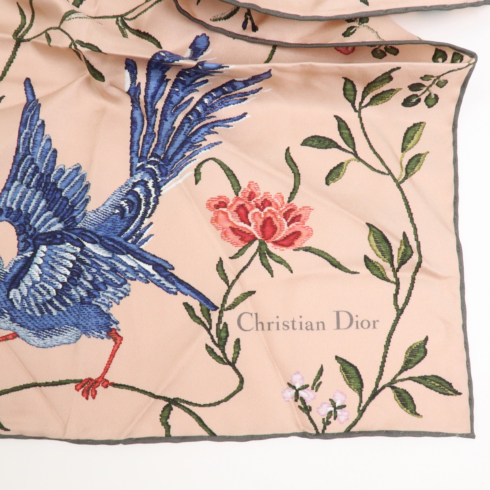 Christian Dior Logo Silk 100% Bird-and-Flower Scarf Pink