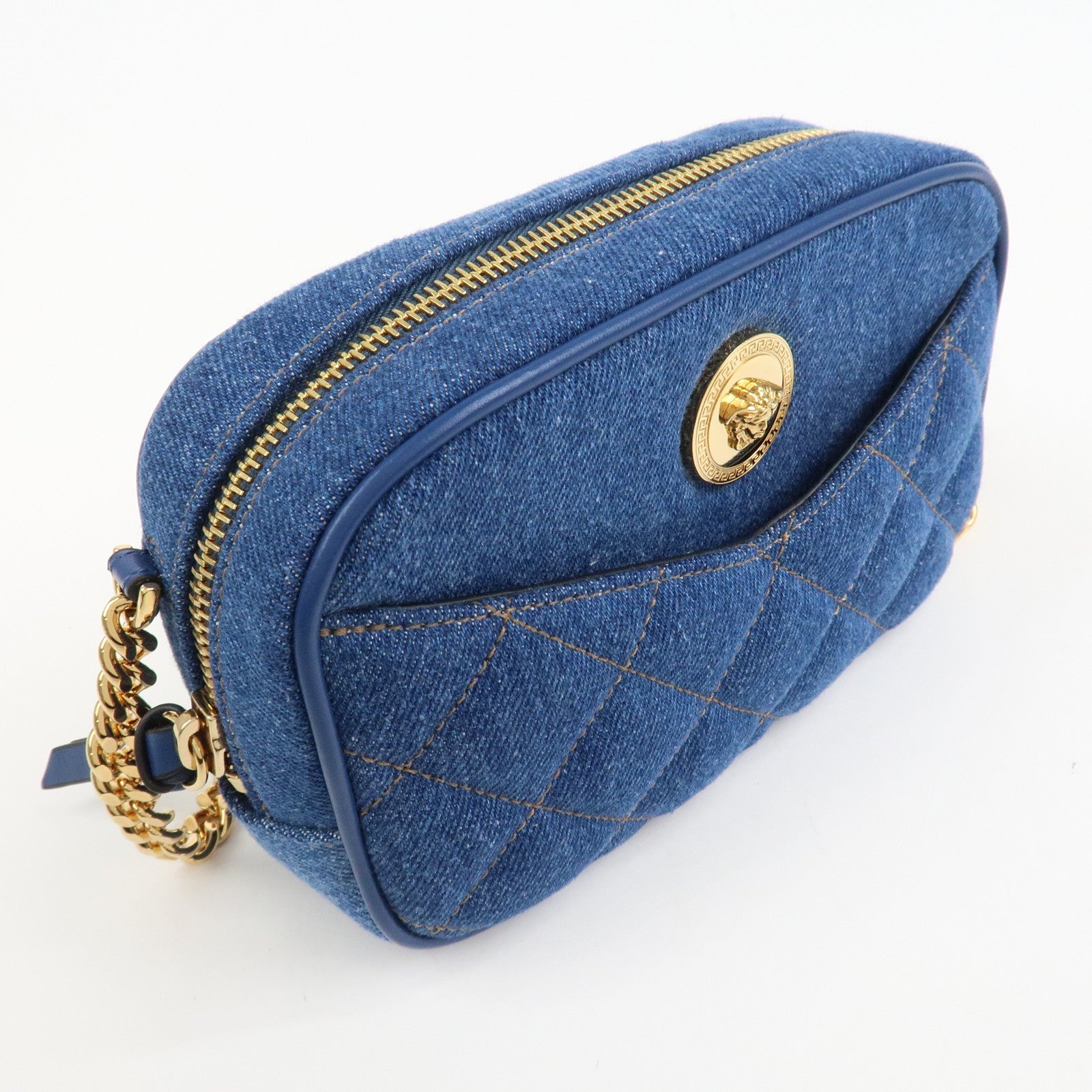 GIANNI VERSACE Denim Leather Chain Shoulder Bag Blue