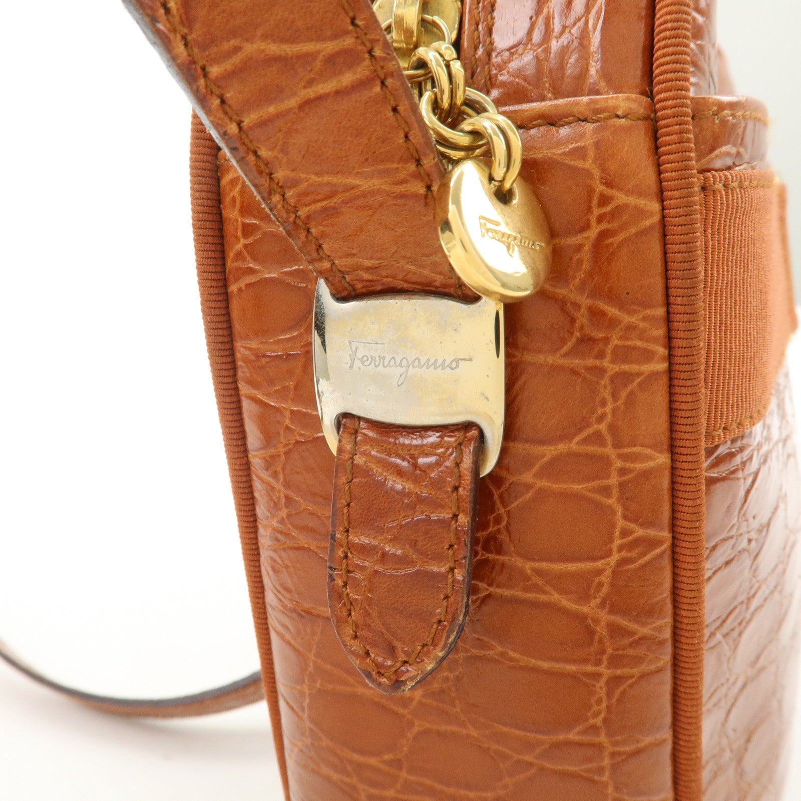 Ferragamo Vara Emboss Leather Shoulder Bag Crossbody Bag Brown