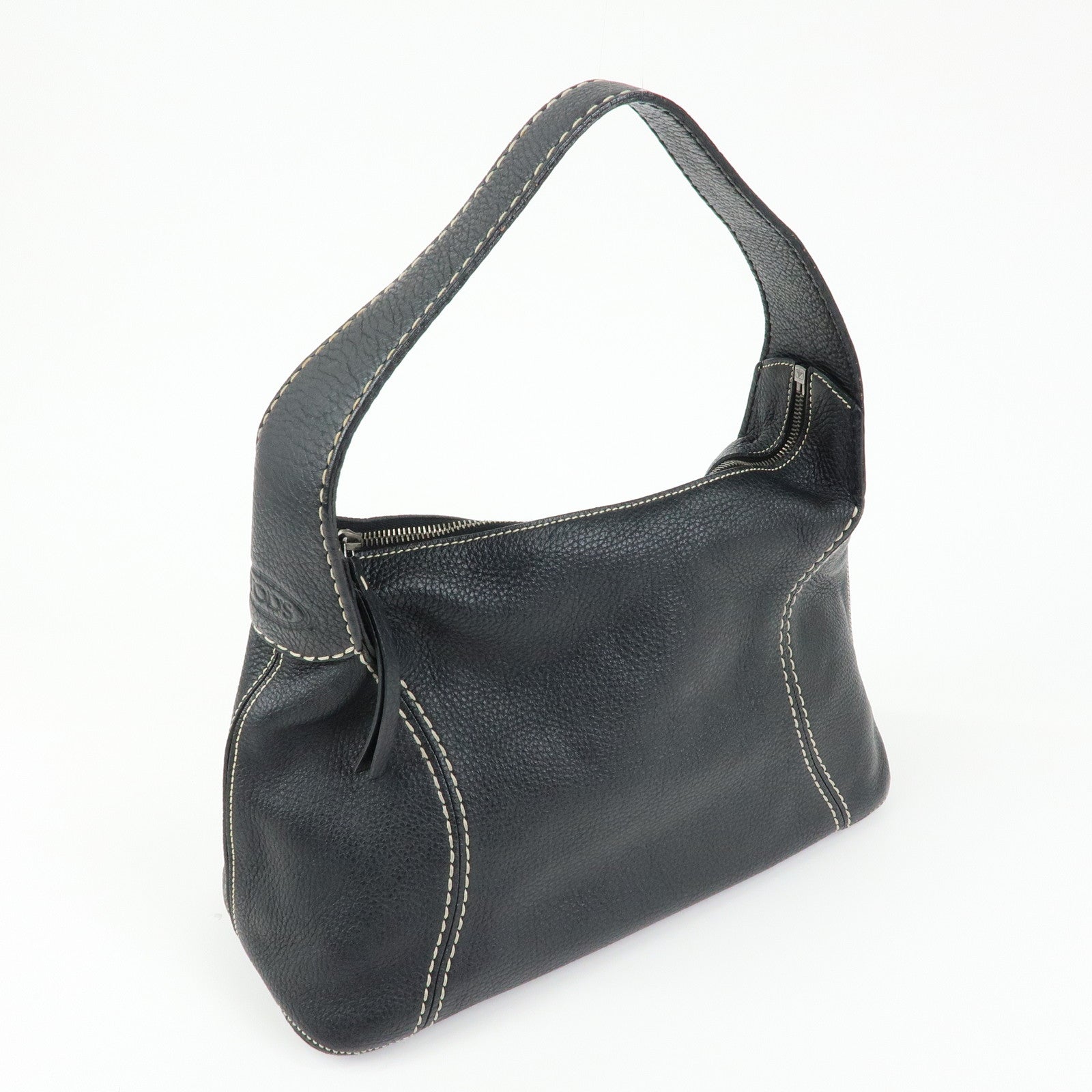 TOD'S Logo Stitches Leather Shoulder Bag Hand Bag Black