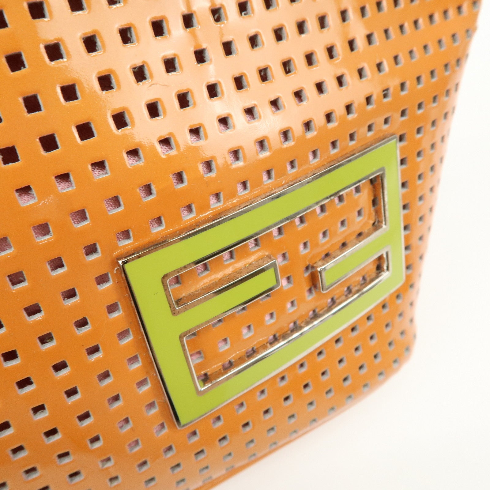 FENDI Patent Leather Mini Hand Bag Orange Lime Green 26636