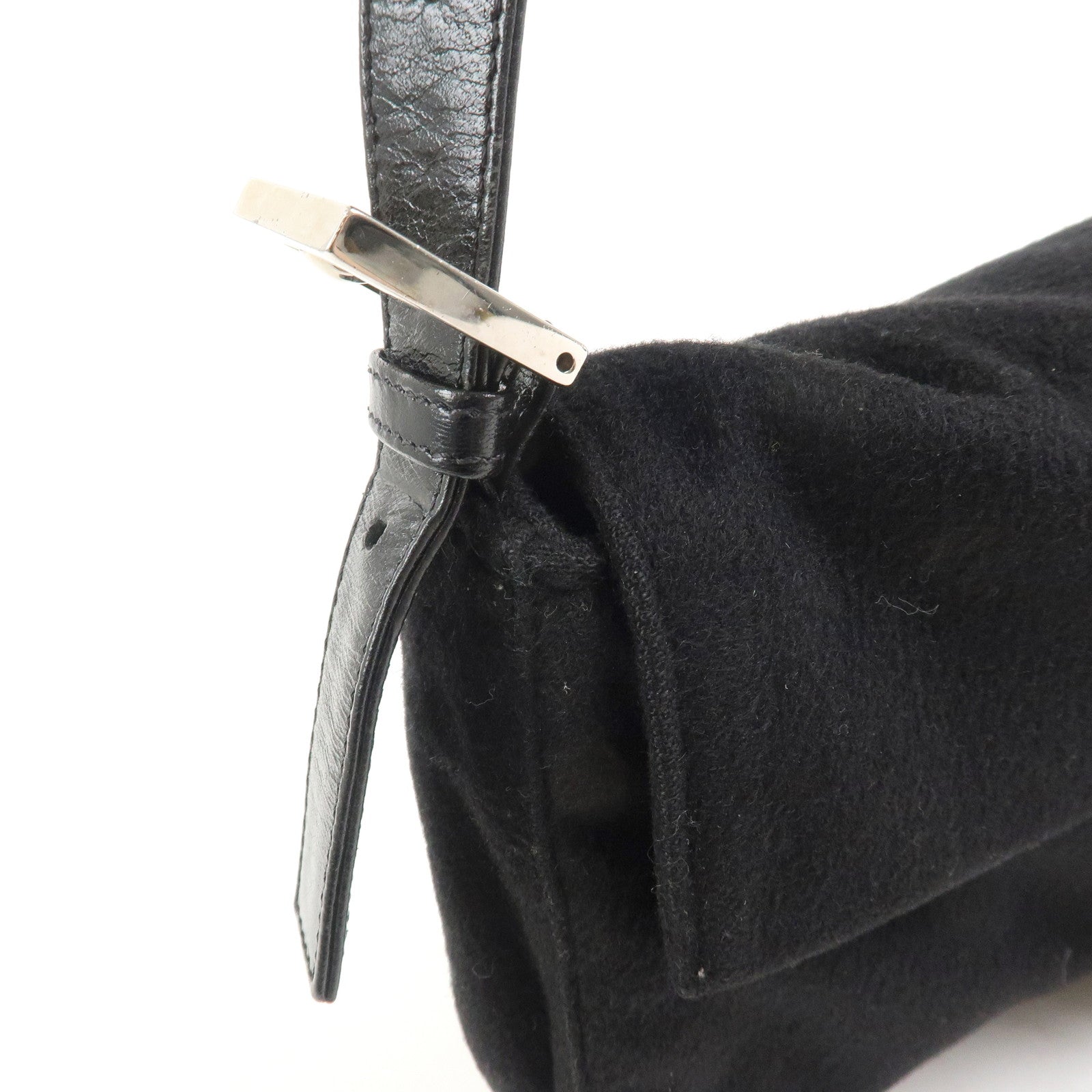 FENDI Mamma Baguette Wool Leather Shoulder Bag Hand Bag Black 26424