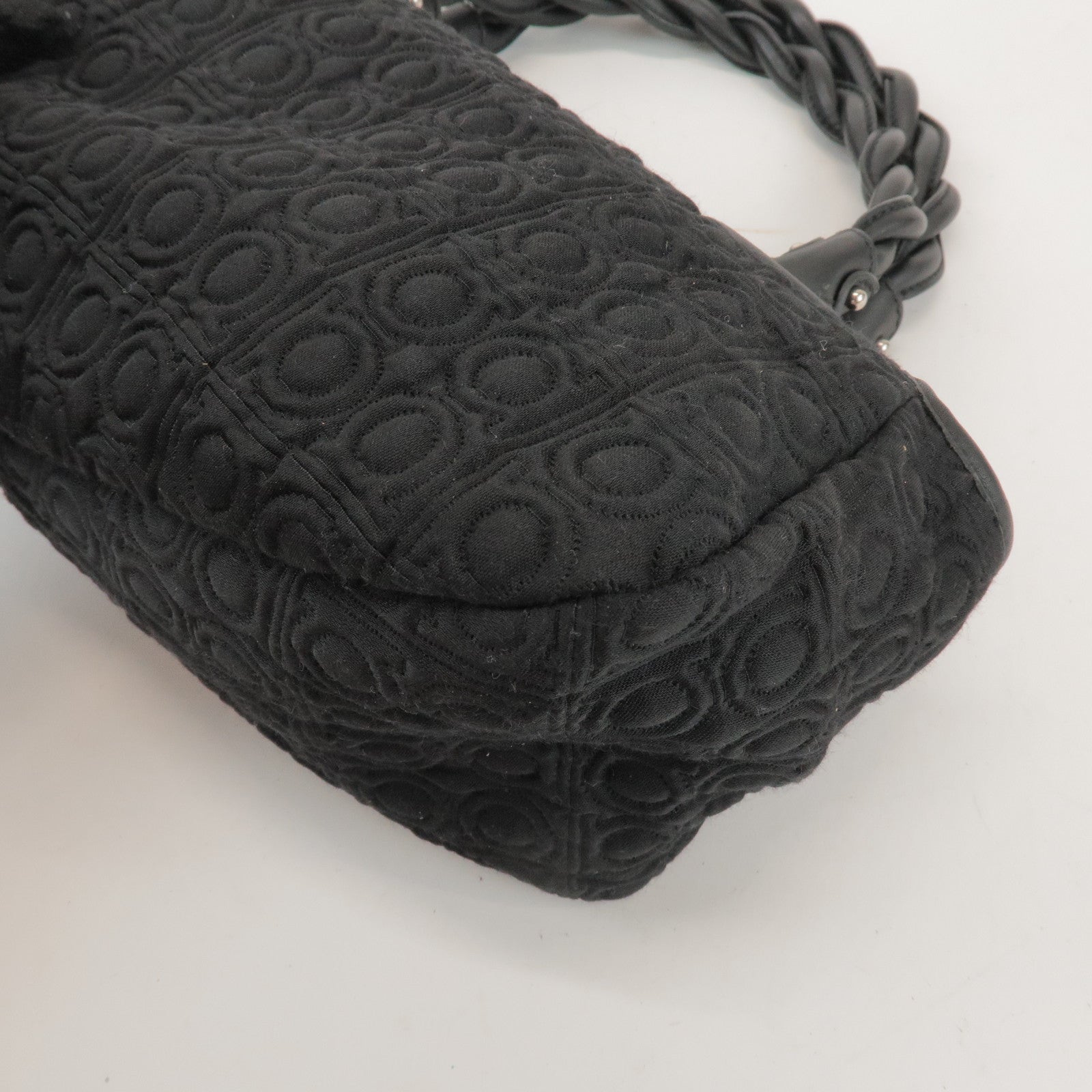 Ferragamo Gancini Canvas Leather Hand Bag Shoulder Bag Black