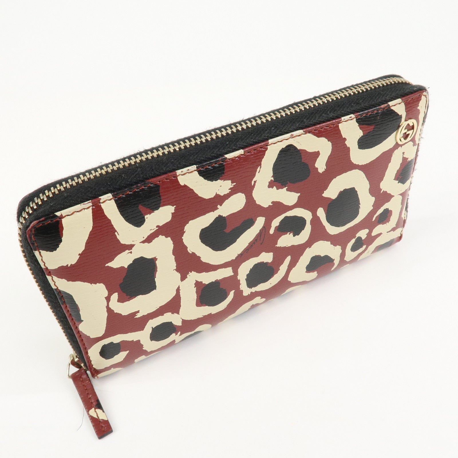 GUCCI Interlocking G Leather Leopard Round Zippy Long Wallet 309705