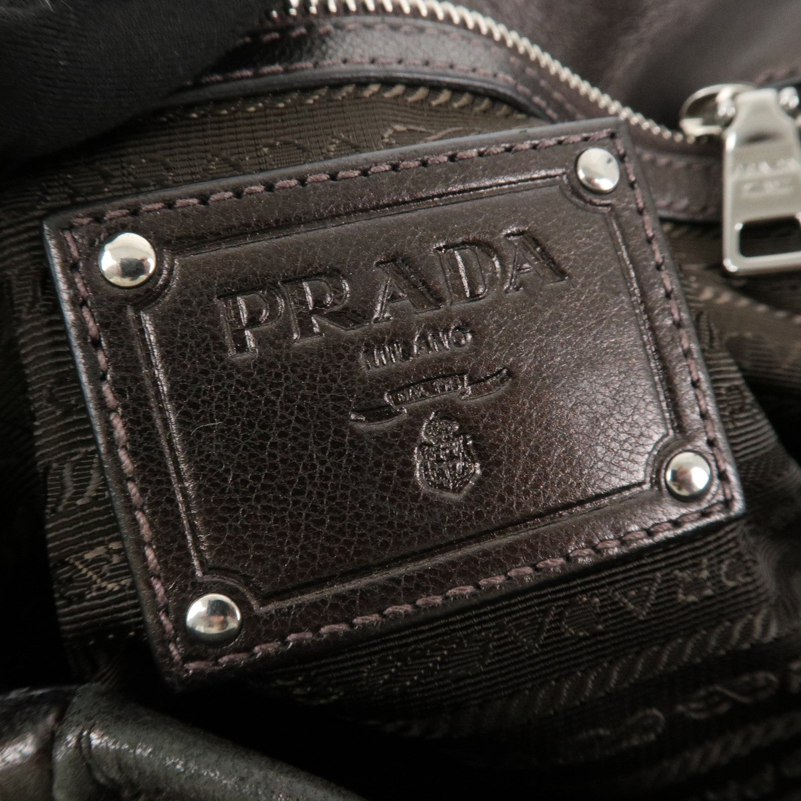 PRADA Logo Nylon Leather Tote Bag Shoulder Bag Khaki Metallic Brown Used
