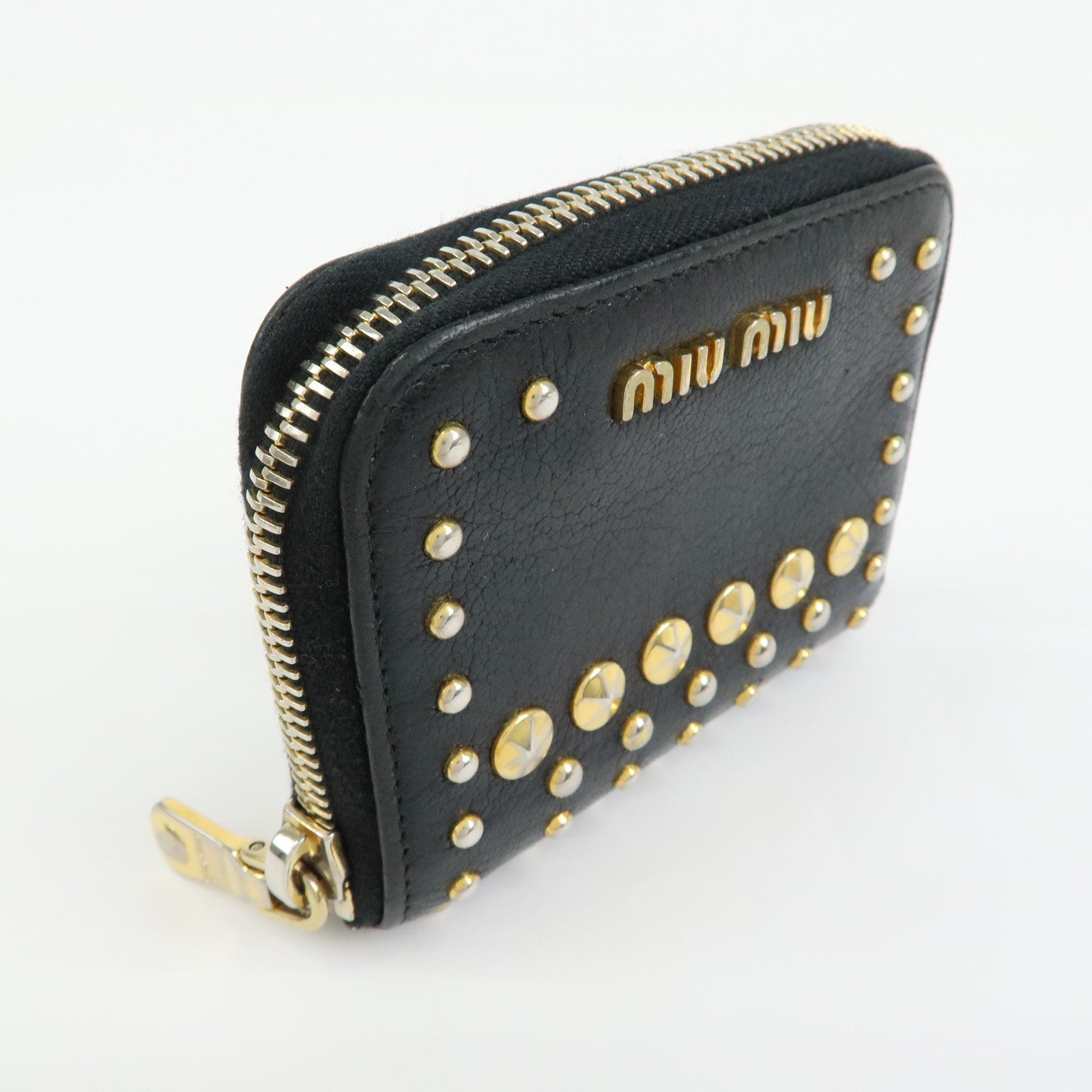 MIU MIU Madras Leather Studs Compact Coin Case Wallet Black