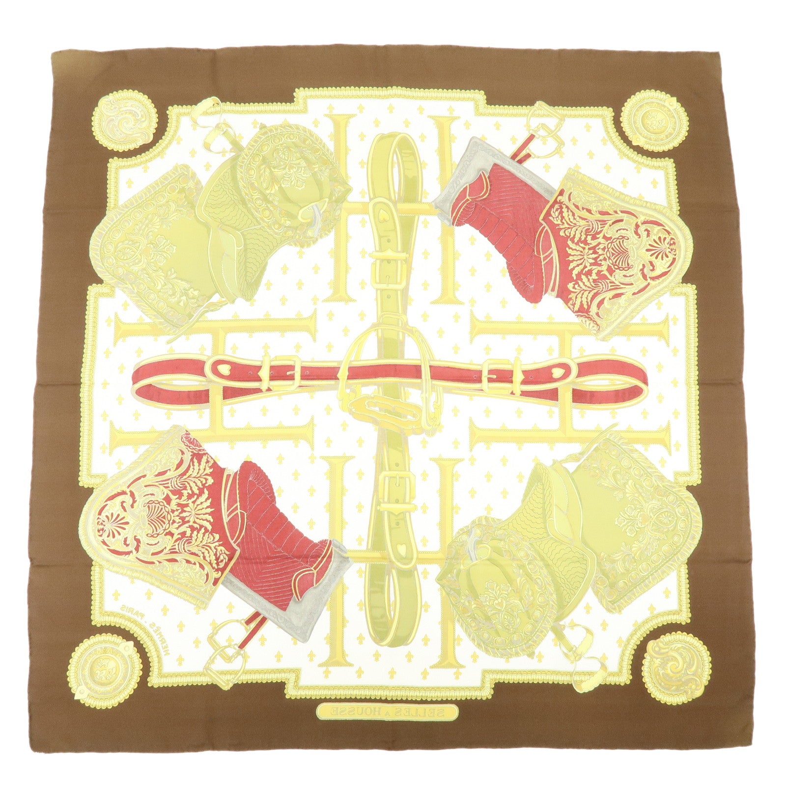 HERMES Carre 90 Silk 100% Scarf SELLES A HOUSSE Gold Brown