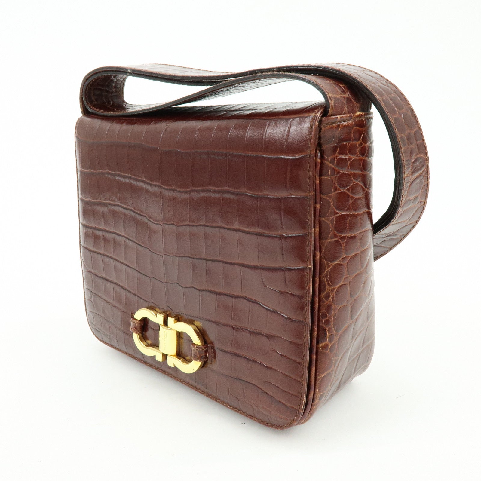 Ferragamo Gancini Embossed Leather Shoulder Bag Crossbody Bag Brown