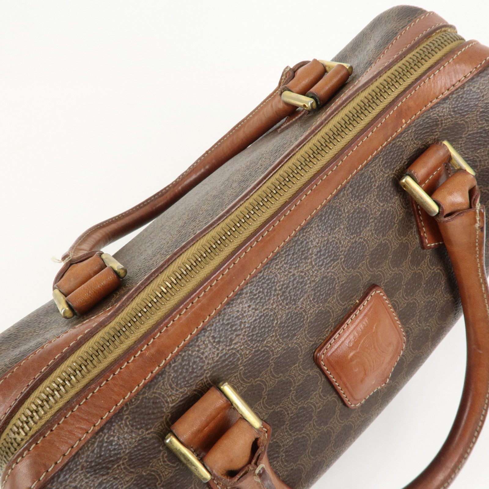 CELINE Macadam PVC Canvas Leather Boston Bag Hand Bag Brown