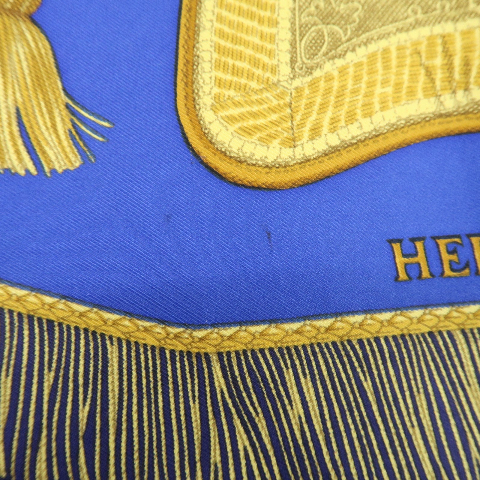 HERMES Carre 90 Silk 100% Paste et Bavalerie Scarf Blue Gold