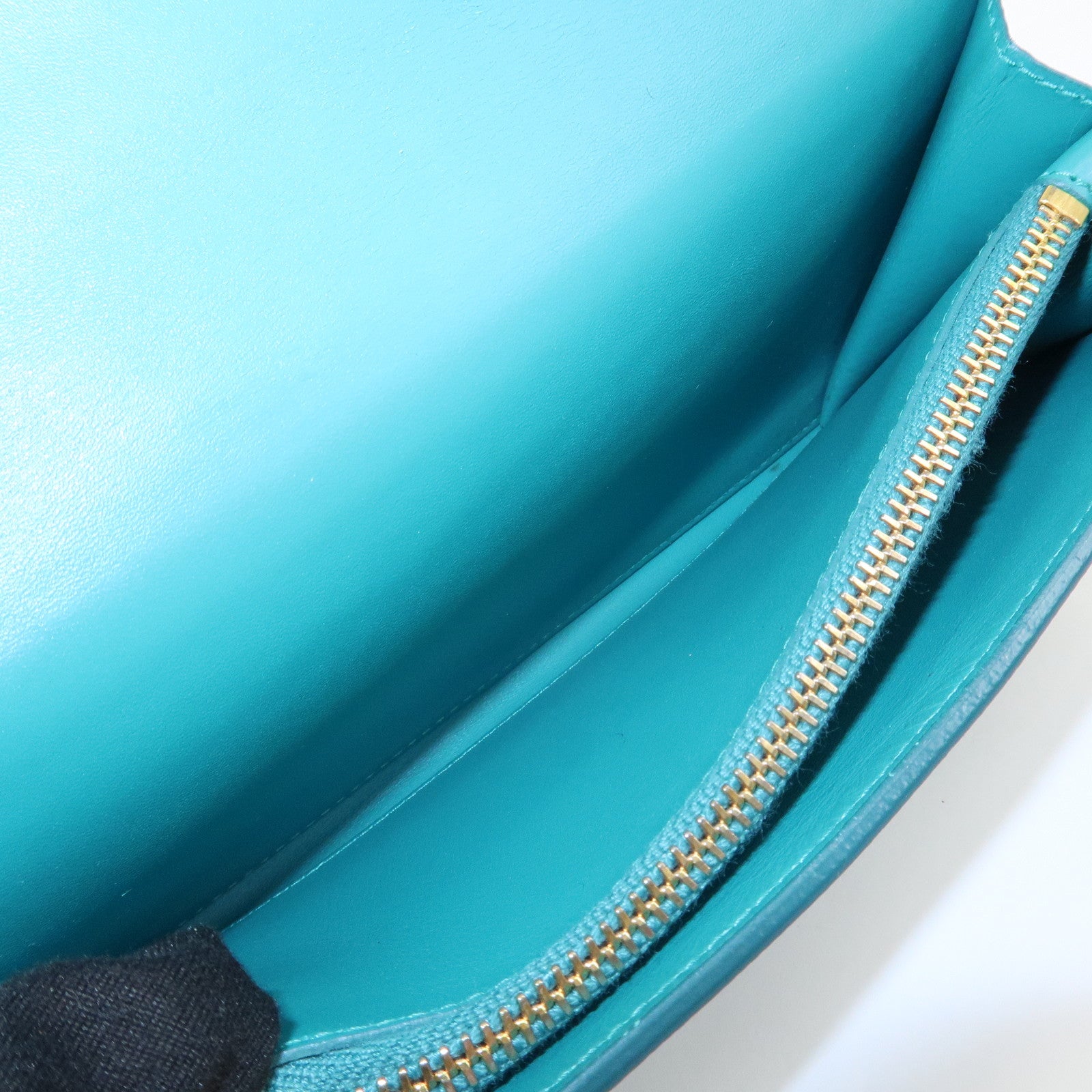 PRADA Triangle Logo Patent Leather Bi-Fold Long Wallet Green