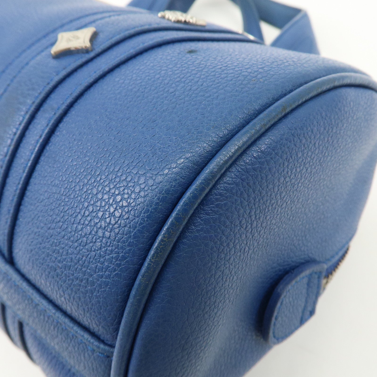 MCM Logo Leather Hand Bag Silver Studs Blue