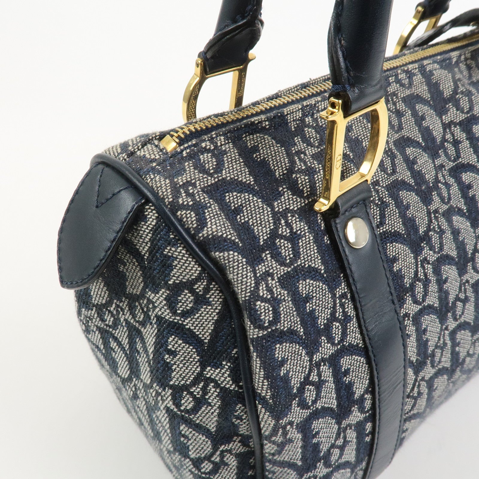 Christian Dior Trotter Jacquard Canvas Leather Boston Bag Navy