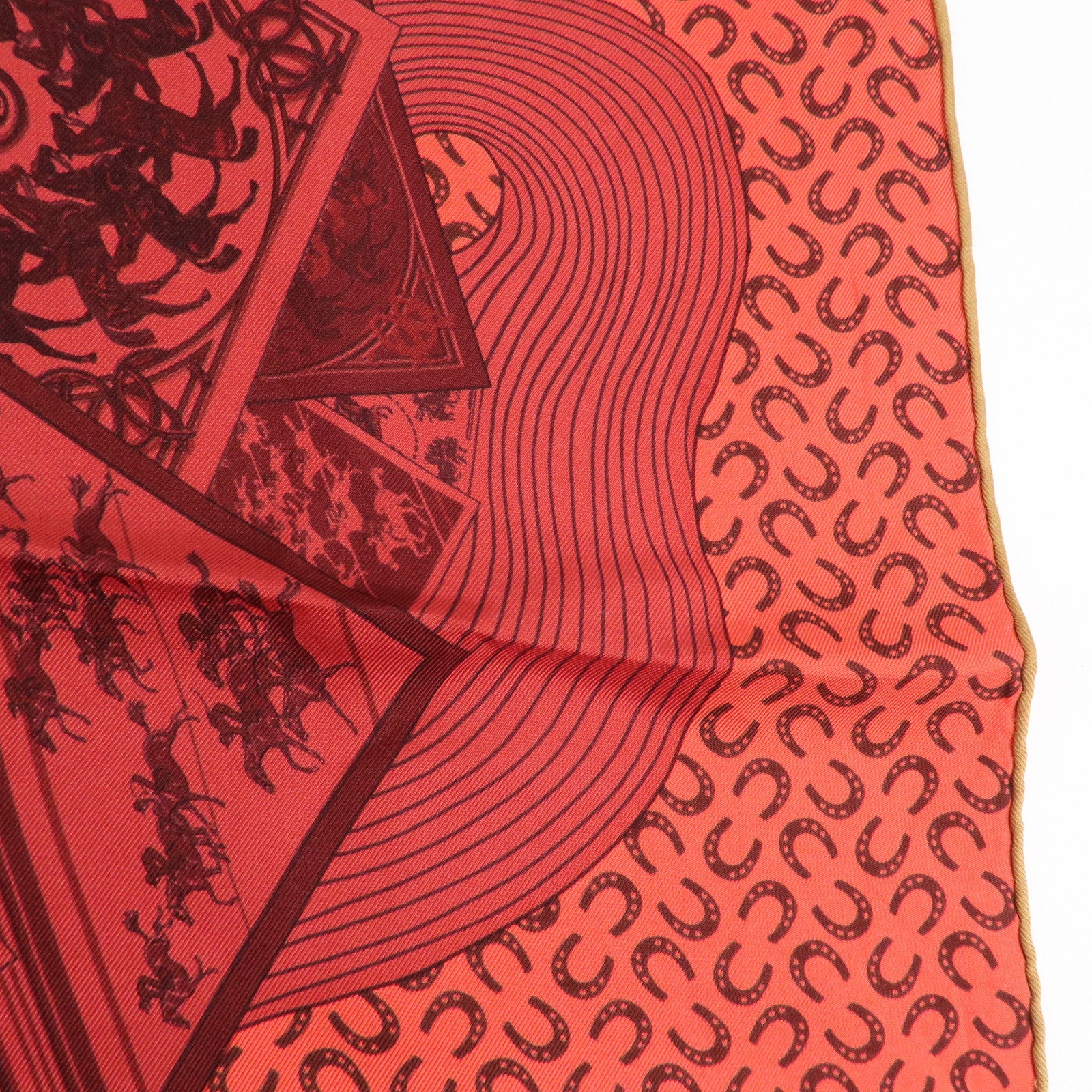 HERMES Carre 90 Silk 100% Scarf Porte Bonheur Horse Pattern Red Used