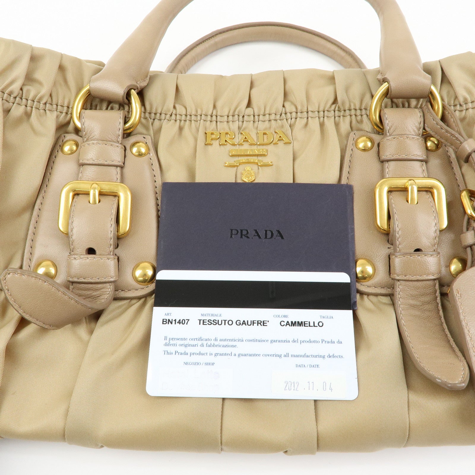PRADA Gathered Nylon Leather 2Way Hand Shoulder Bag Beige BN1407