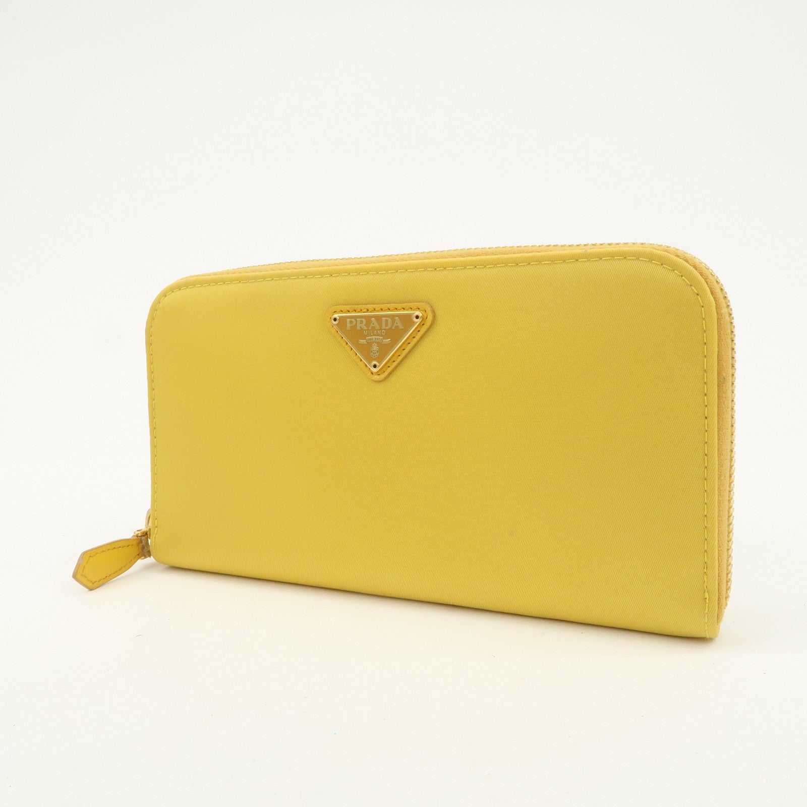 PRADA Triangle Logo Nylon Leather Round Zippy Long Wallet Yellow