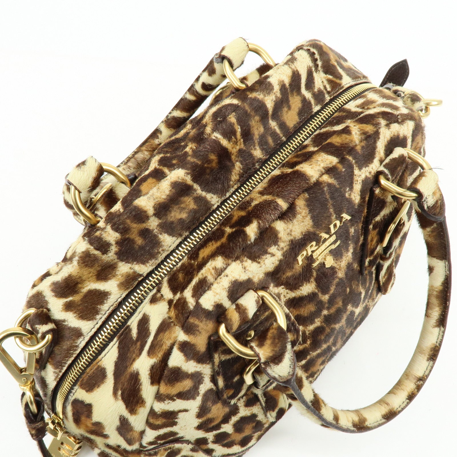 PRADA Pony Hair Leopard 2Way Boston Bag Shoulder Bag Brown BL0429