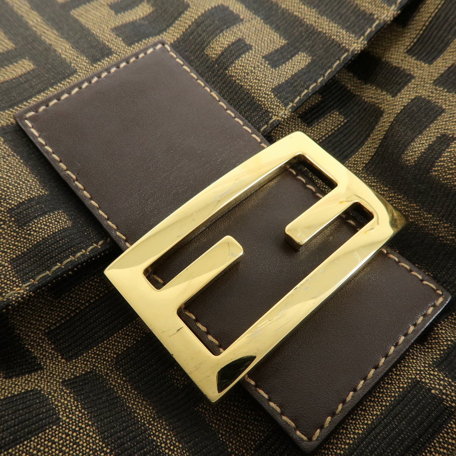 FENDI Mamma Baguette Zucca Canvas Leather Shoulder Bag Brown 26325