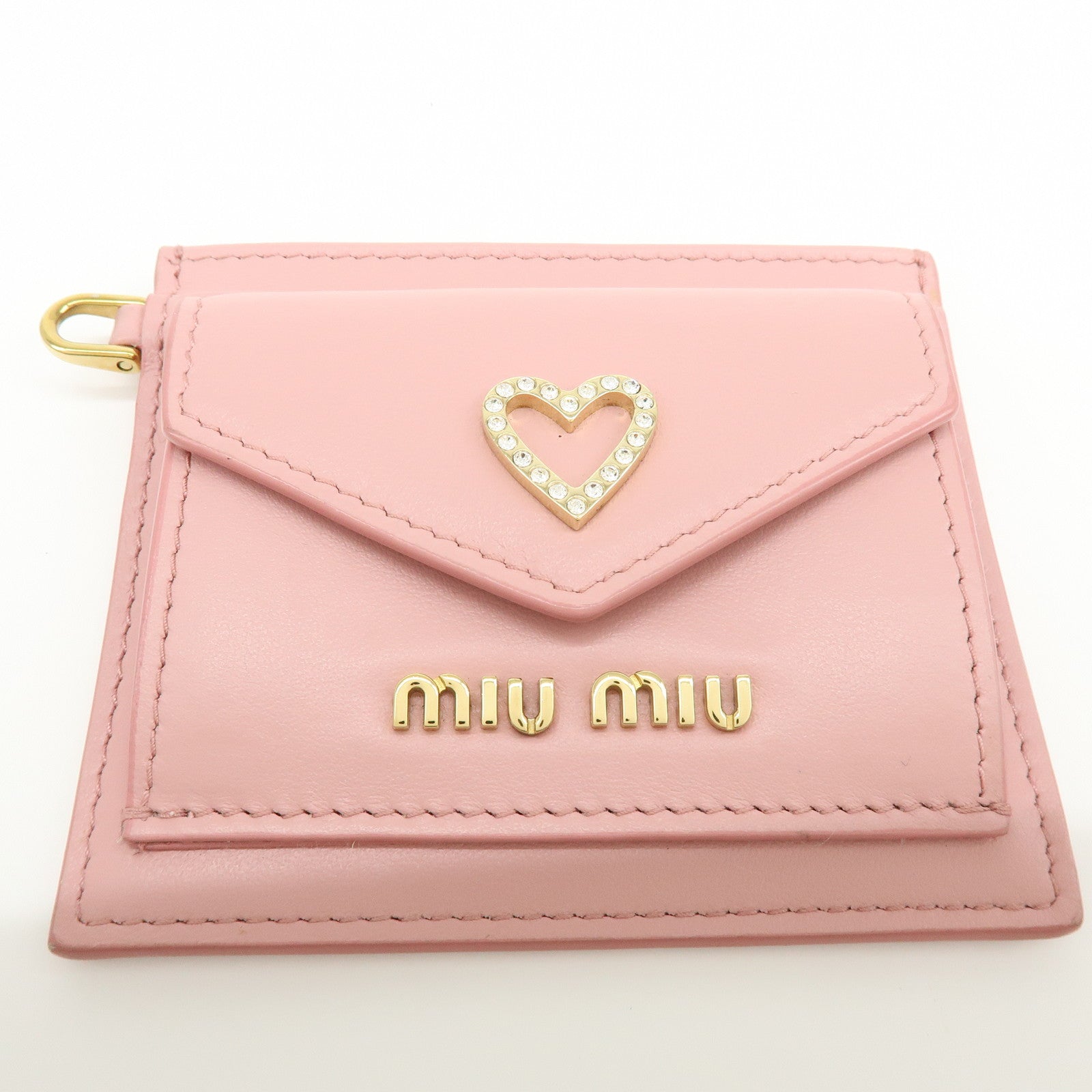 MIU MIU Madras Leather Rhinestone Card Case Heart Love letter Pink
