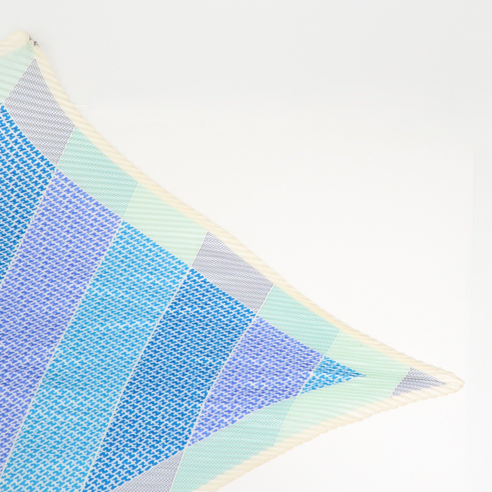HERMES Pleated Carré Scarf Silk 100% H Logo Blue