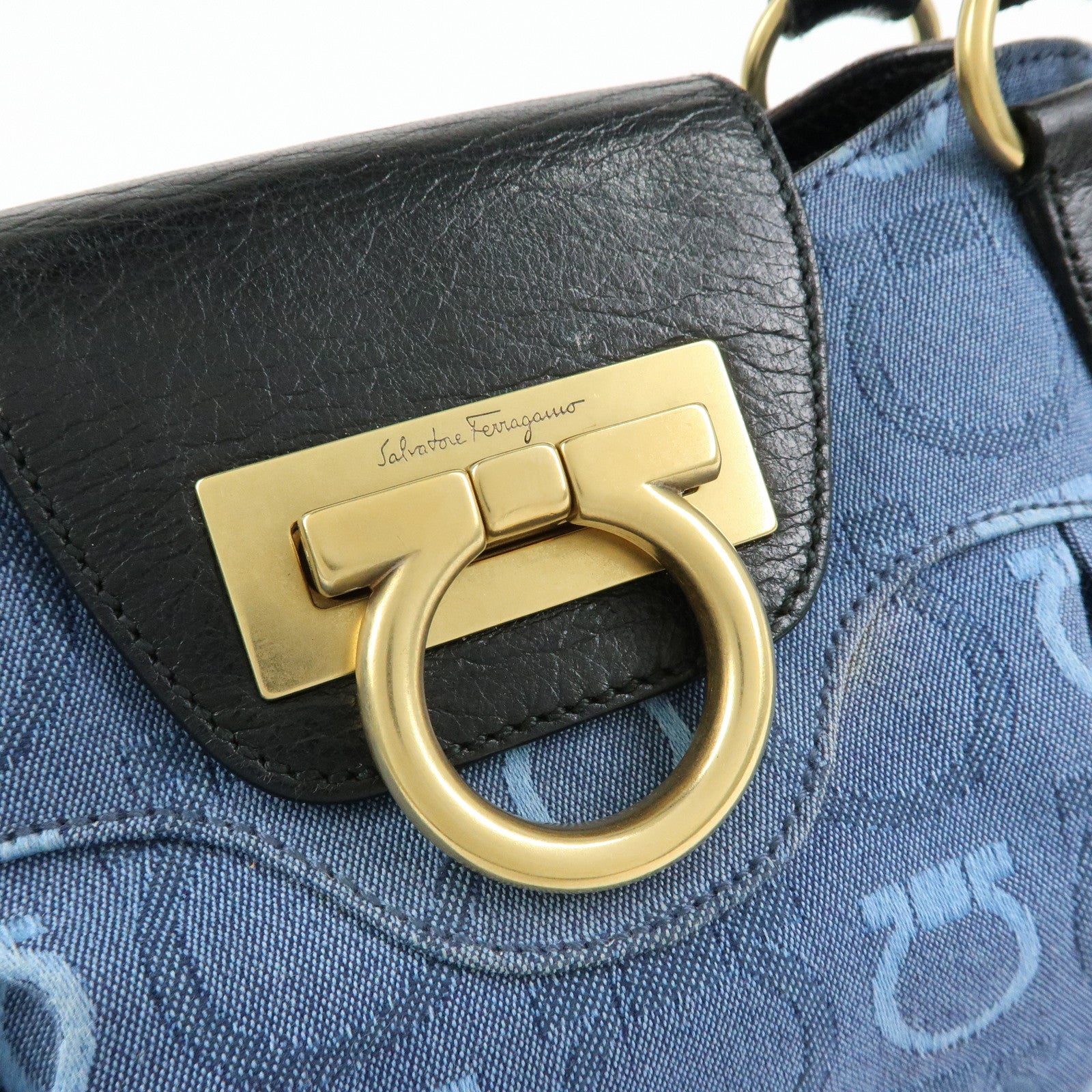 Ferragamo Gancini Canvas Leather Hand Bag Shoulder Bag Blue Black