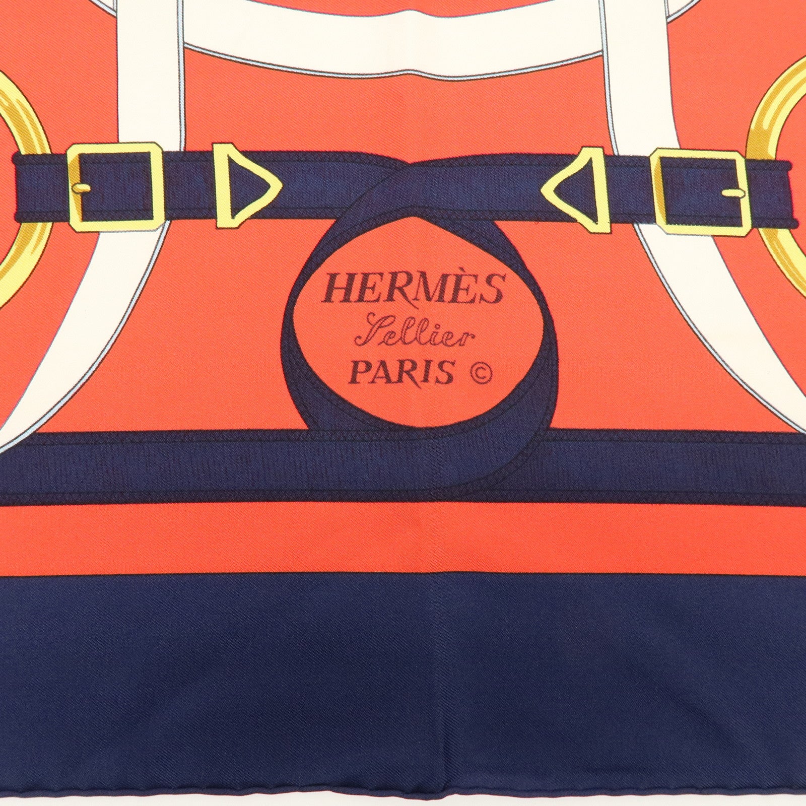 HERMES Carre 90 Silk 100% Eperon d'or Scarf Navy Red