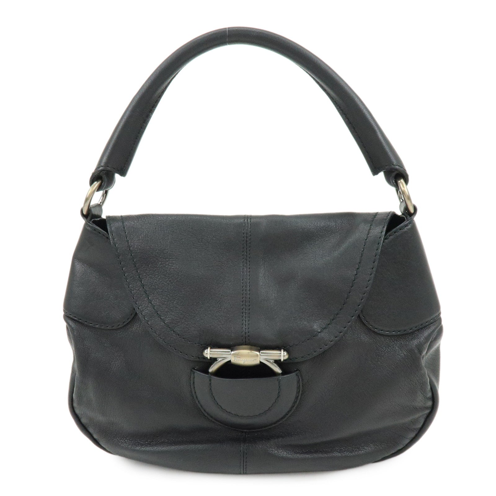 Ferragamo Gancini Leather Shoulder Bag Hand Bag Black