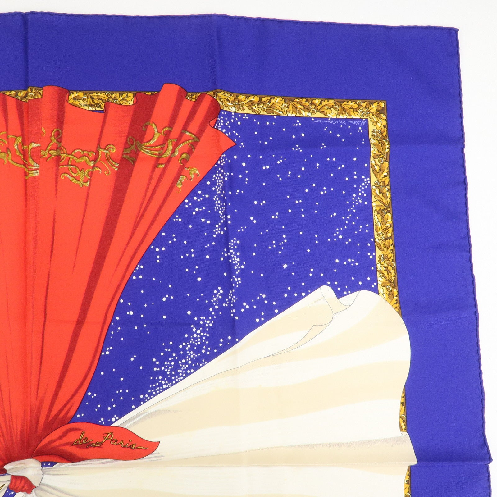 HERMES Carre 90 Silk 100% Scarf Souvenirs de Paris Blue Red Ivory