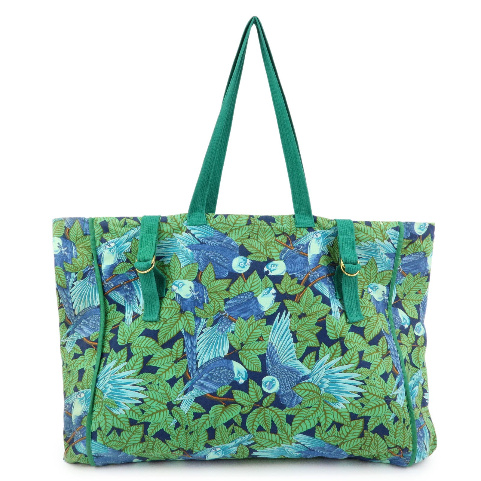 HERMES Canvas Large Beach Tote Bag Botanical Motif Blue Green