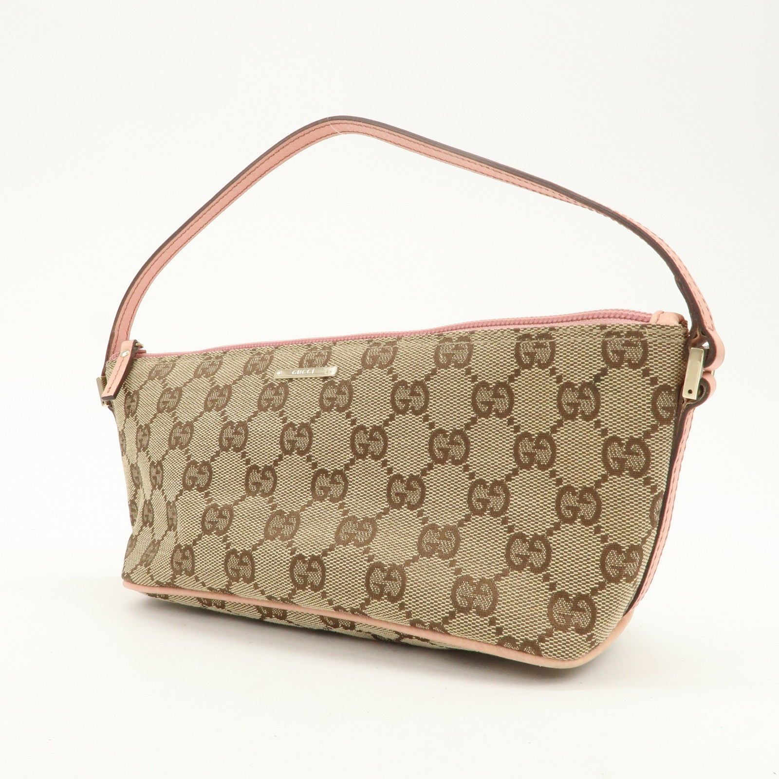GUCCI Boat Bag GG Monogram Canvas Leather Hand Bag Brown Pink 07198