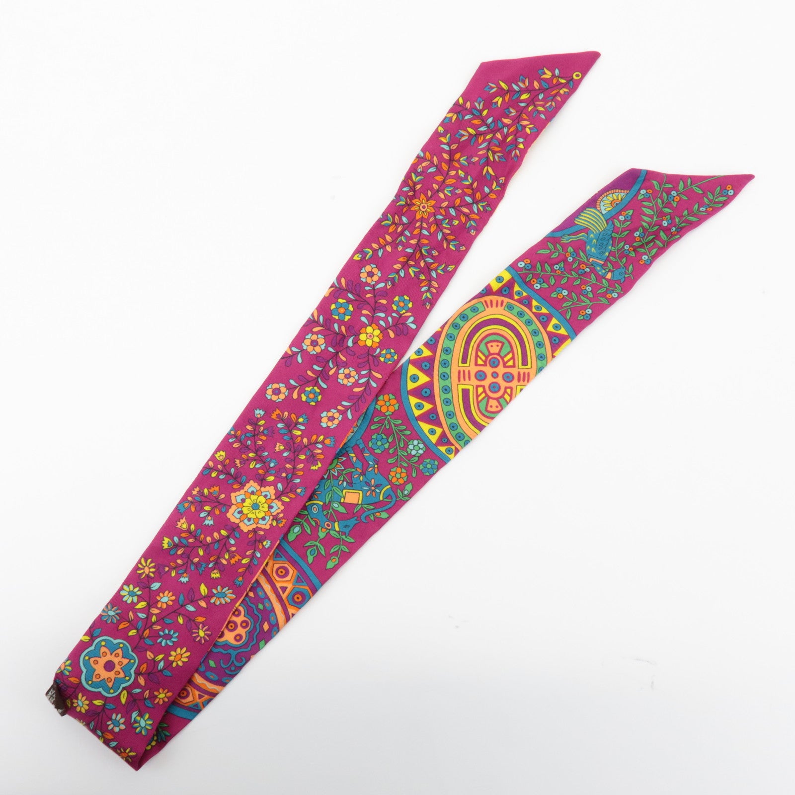 HERMES Twilly 100% Silk Scarf LARBRE DE VIE Flower Print Pink