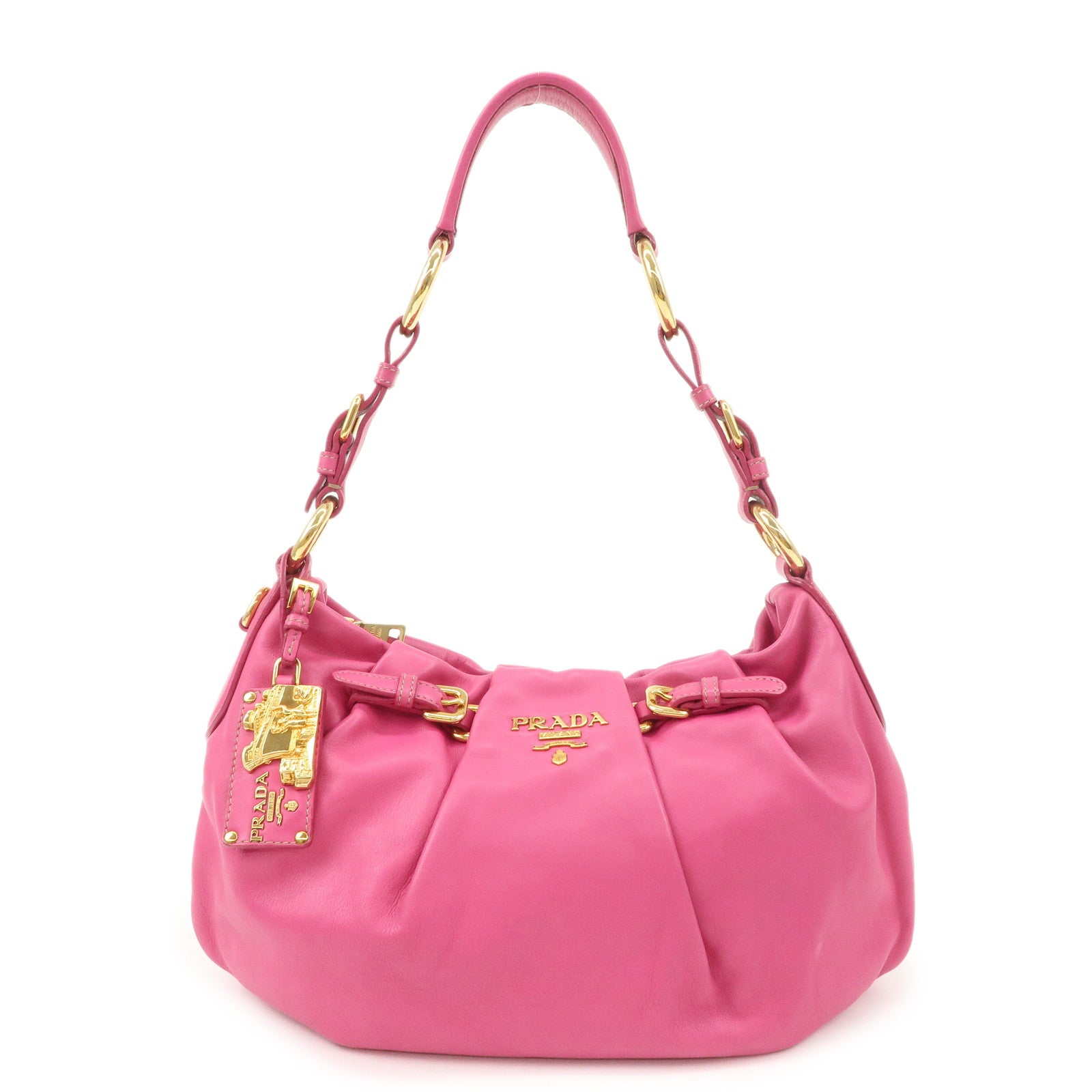 PRADA Logo Leather Shoulder Bag Pink Gold HDW