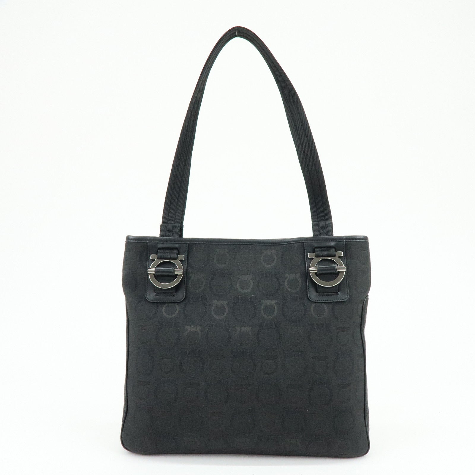 Ferragamo Gancini Canvas Leather Tote Bag Shoulder Bag Black