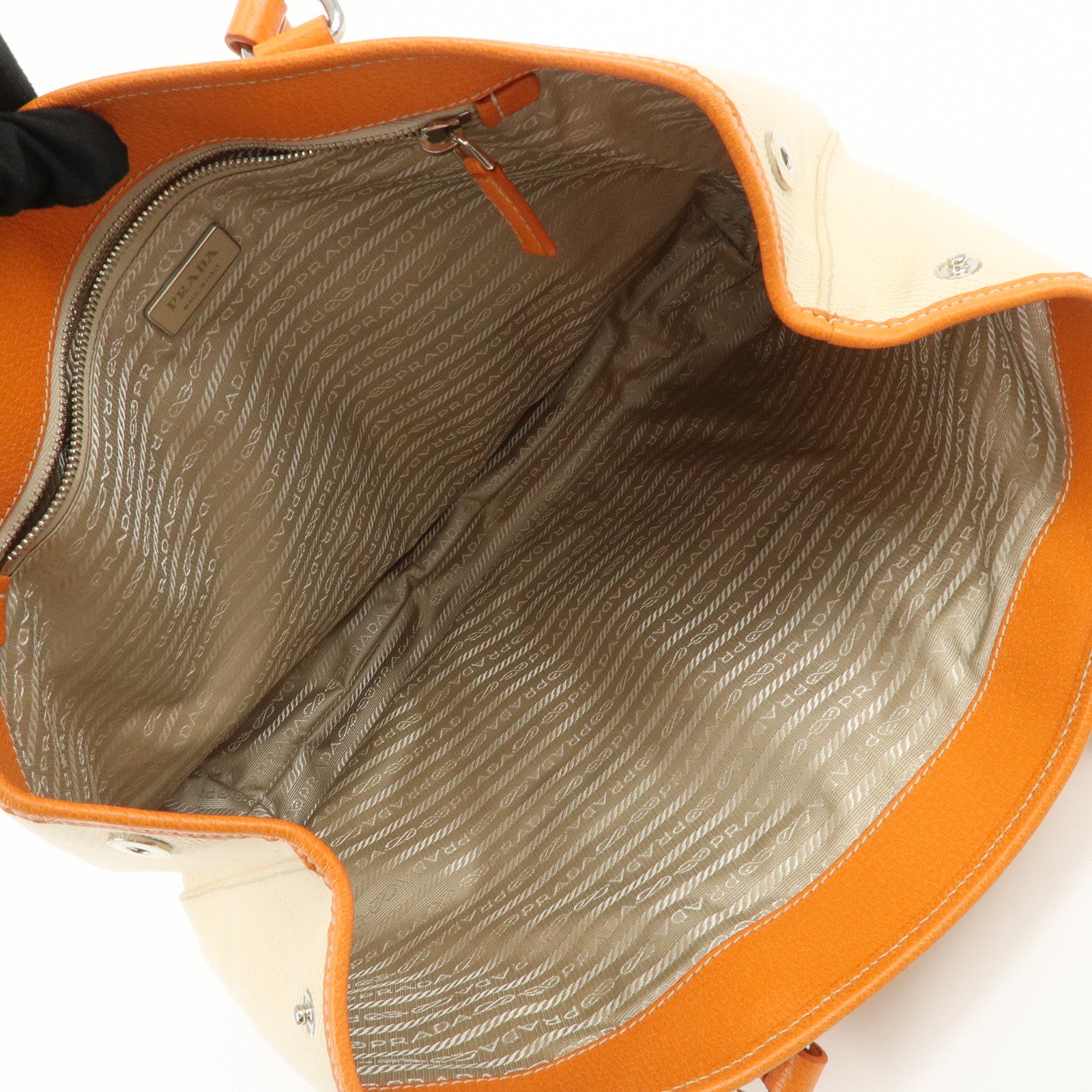 PRADA Triangle Logo Canvas Leather Tote Bag Natural Orange BR2920