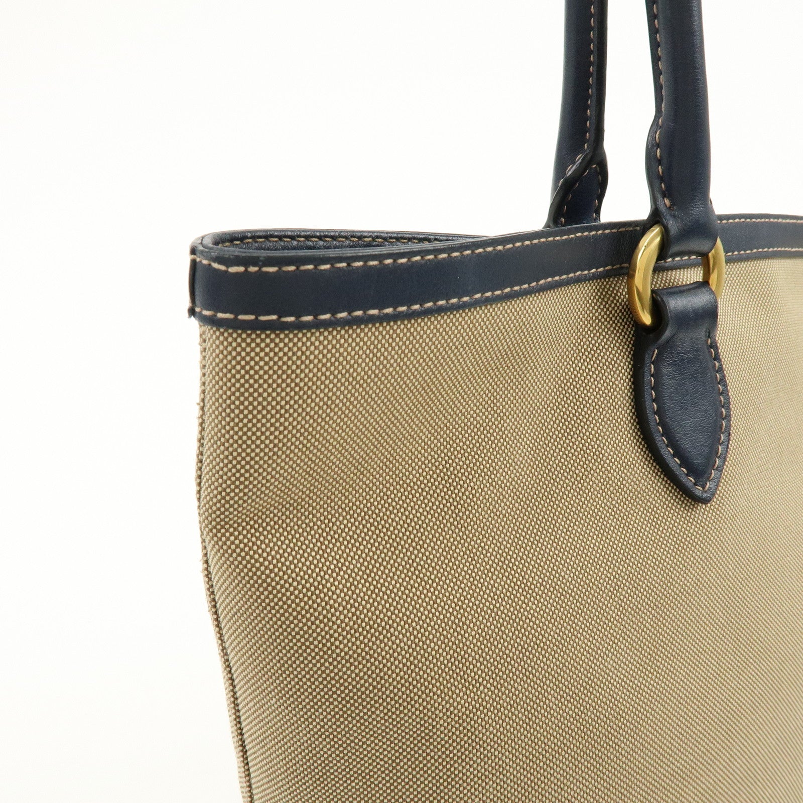 PRADA Logo Jacquard Leather Tote Bag Hand Bag Beige Navy