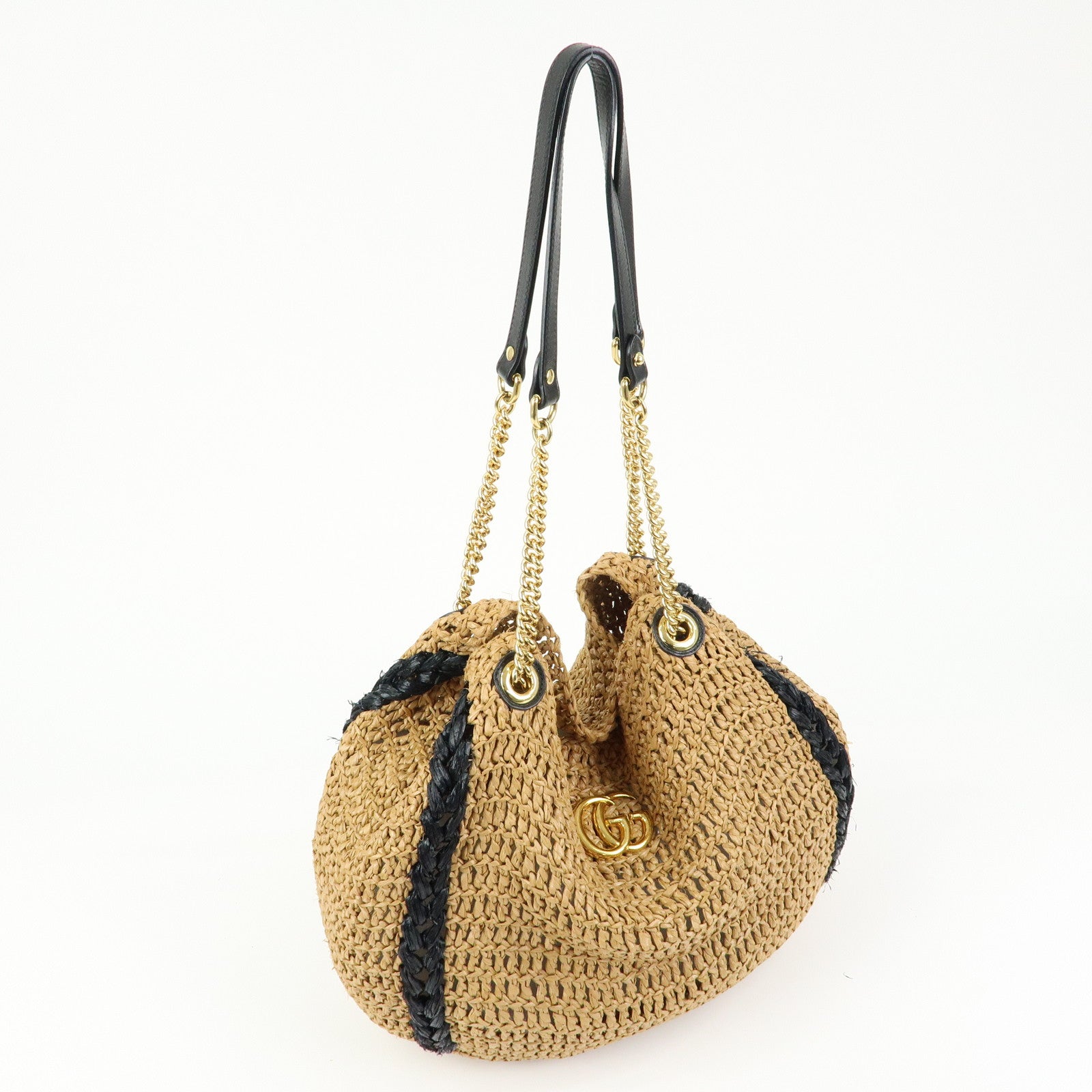 GUCCI GG Straw Leather Tote Bag Shoulder Bag Natural Black 574431