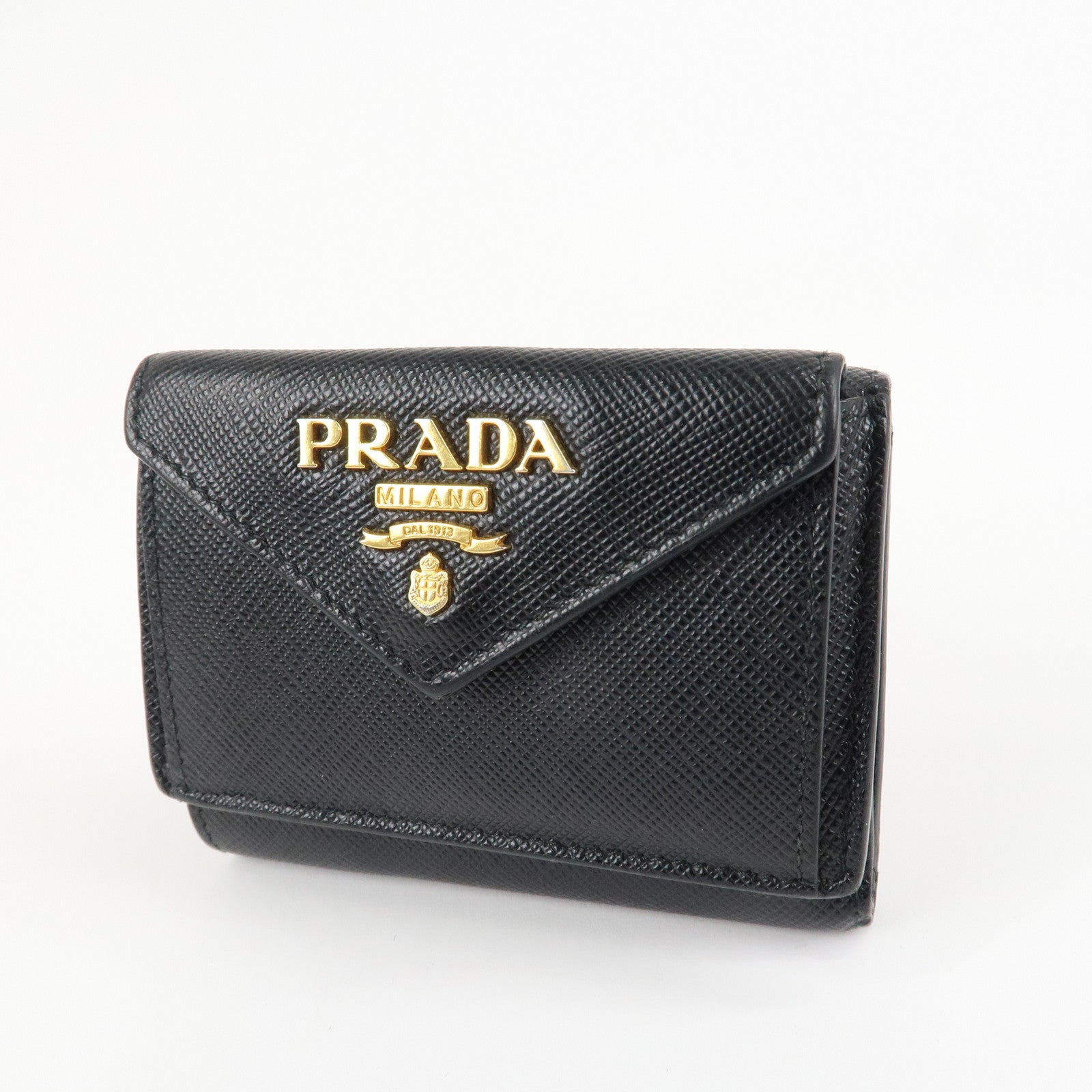 PRADA Saffiano Leather Tri-fold Wallet Black Gold Hardware 1MH021 Used