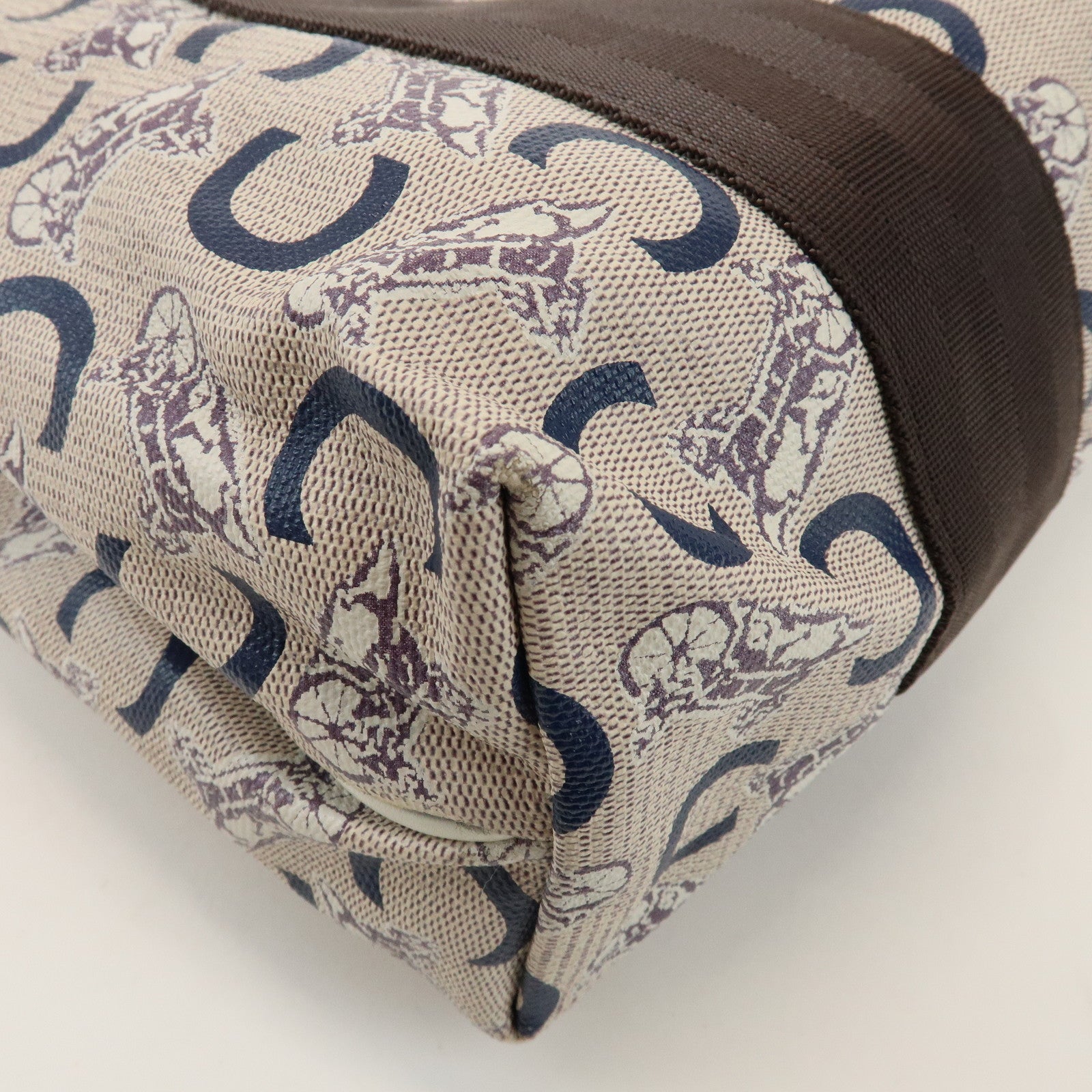 CELINE C Macadam PVC Nylon Leather Tote Bag Hand Bag Brown Beige