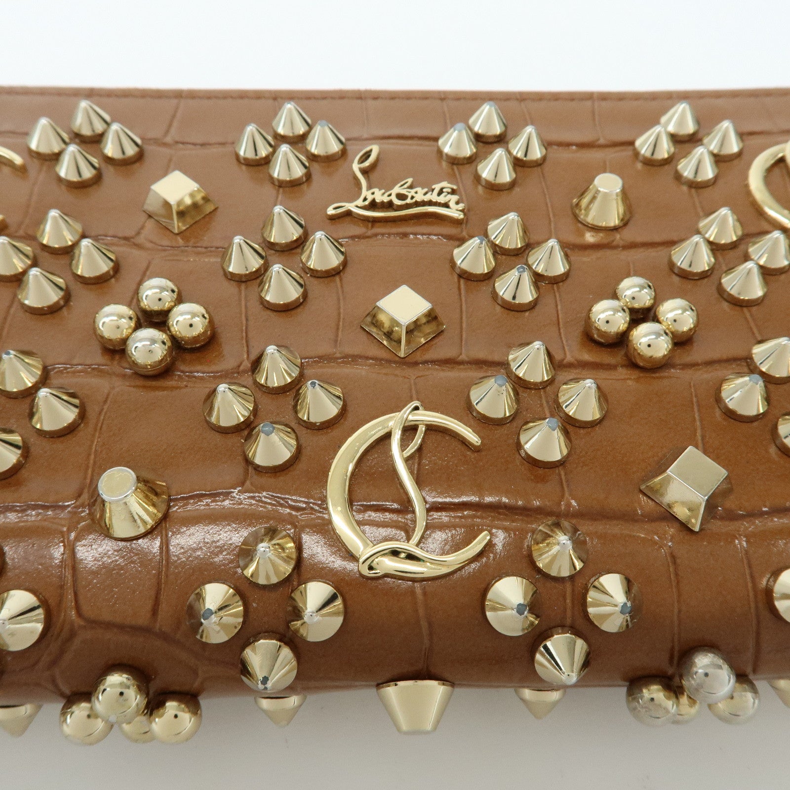 Christian Louboutin Embossed Leather Long Wallet Studs Brown
