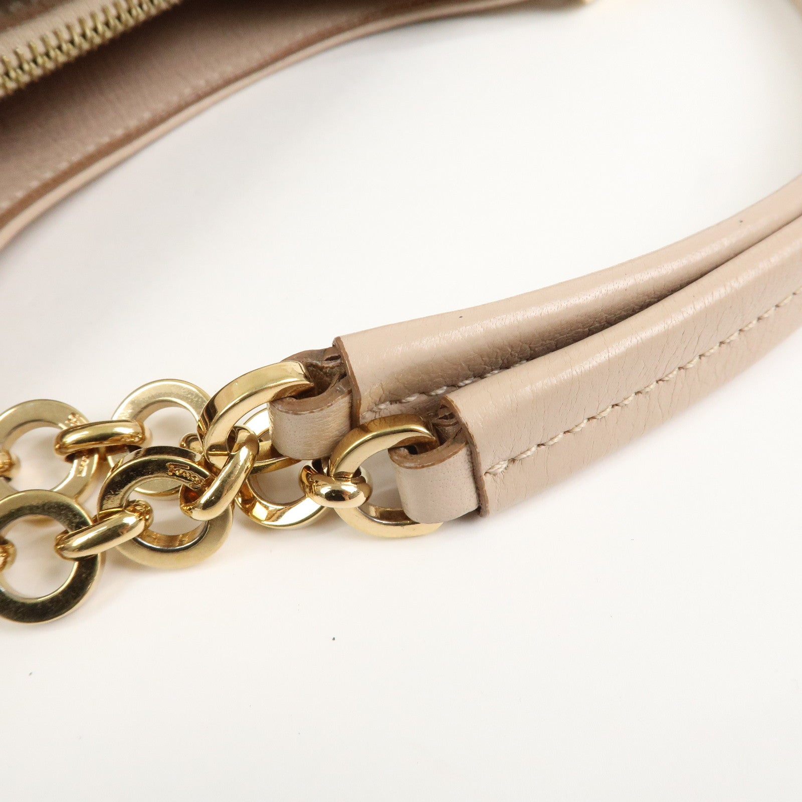 Ferragamo Leather Shoulder Bag Hand Bag Pink Beige Gold