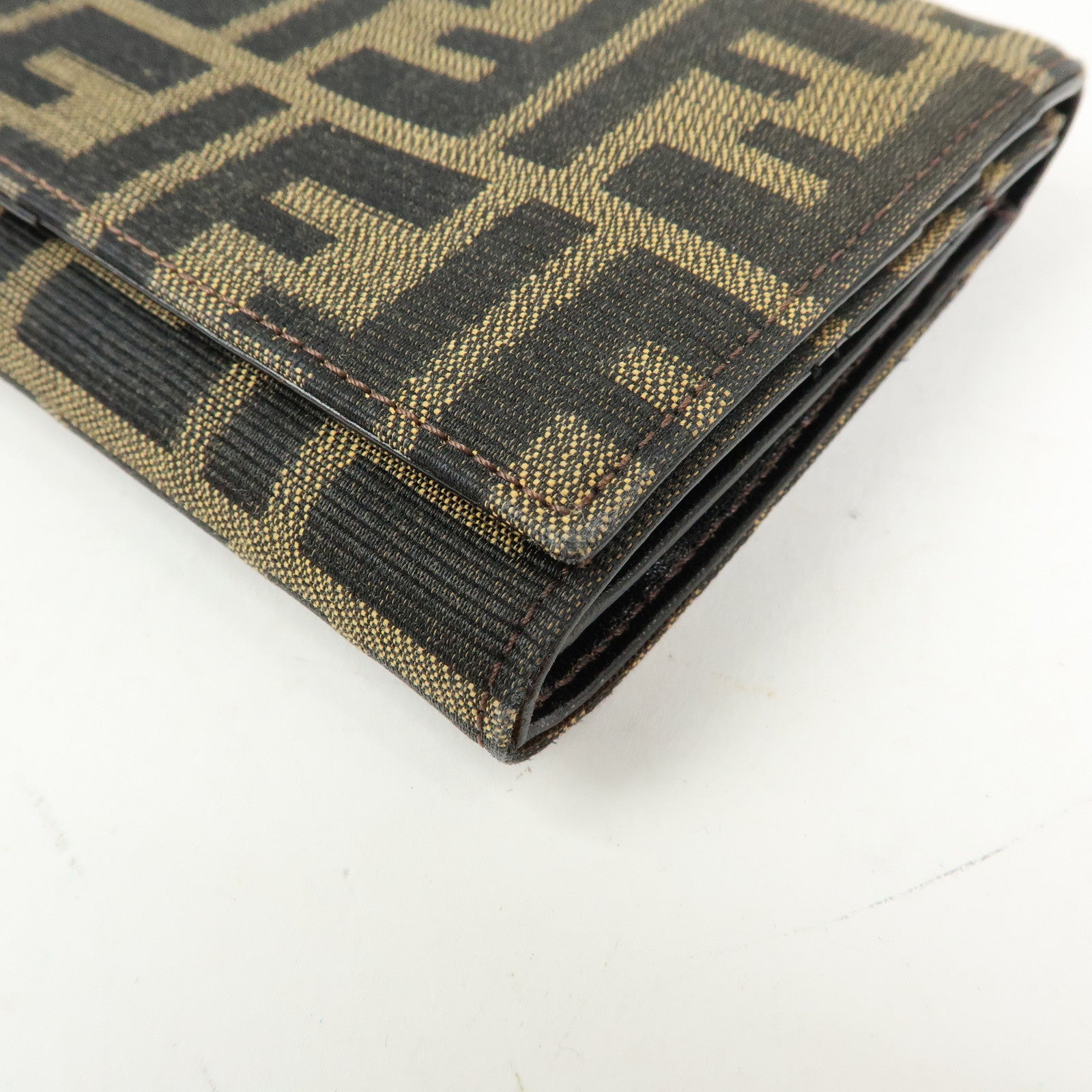 FENDI Zucca Canvas Leather Bi-Fold Long Wallet Black Brown 8M0000