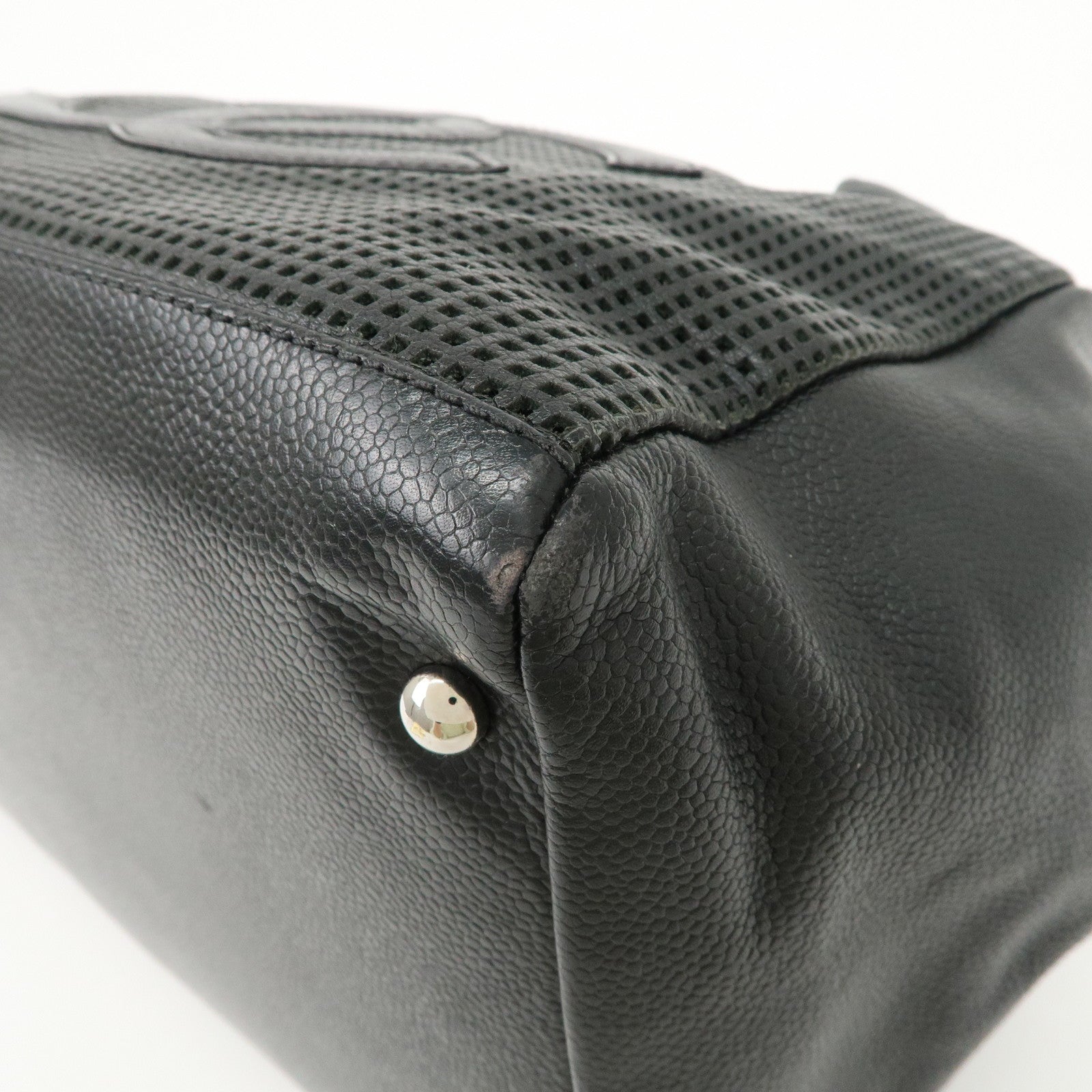 CHANEL COCO Mark Caviarskin Punching Boston Bag Black Used
