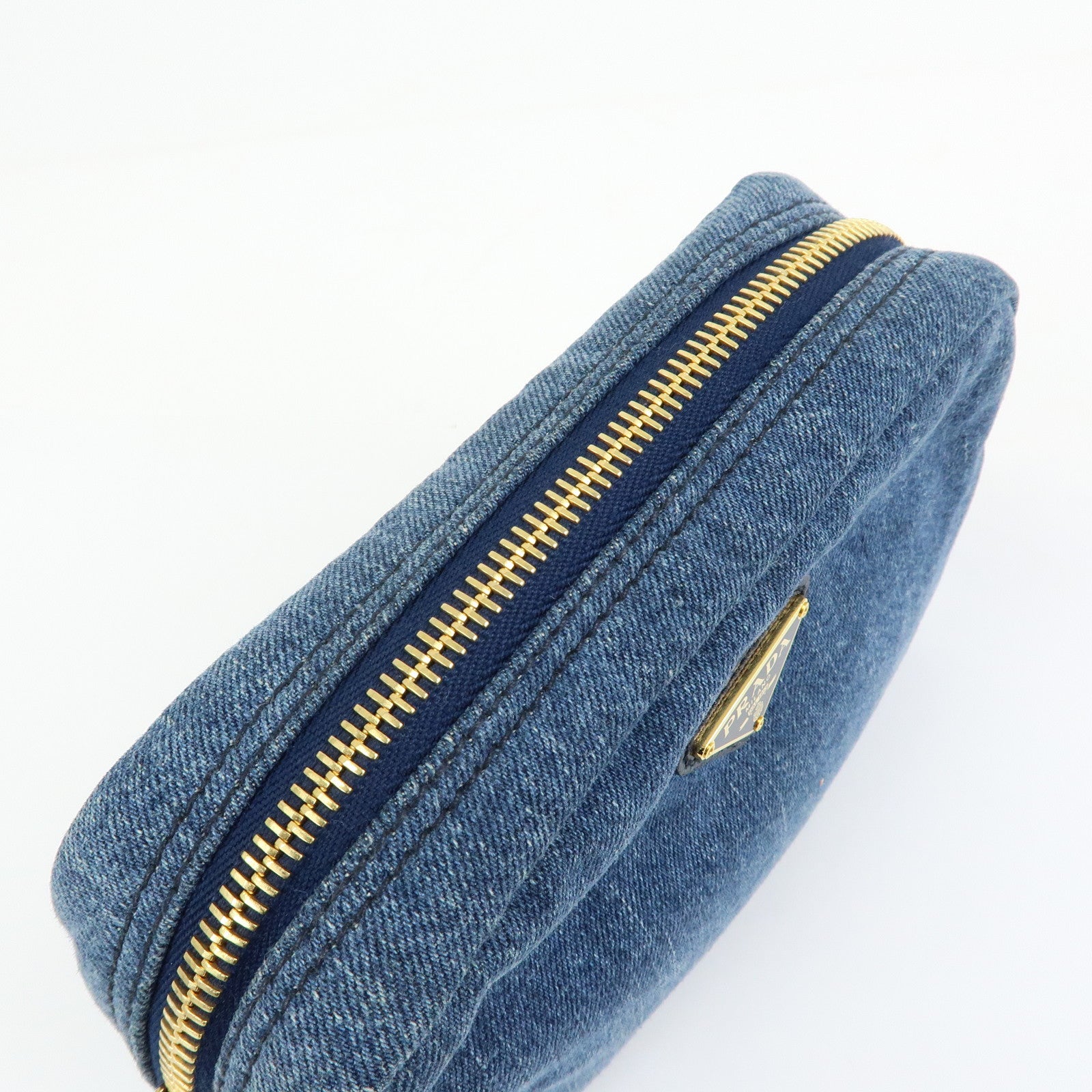 PRADA Triangle Logo Denim Cosmetic Pouch Accessory Pouch Blue