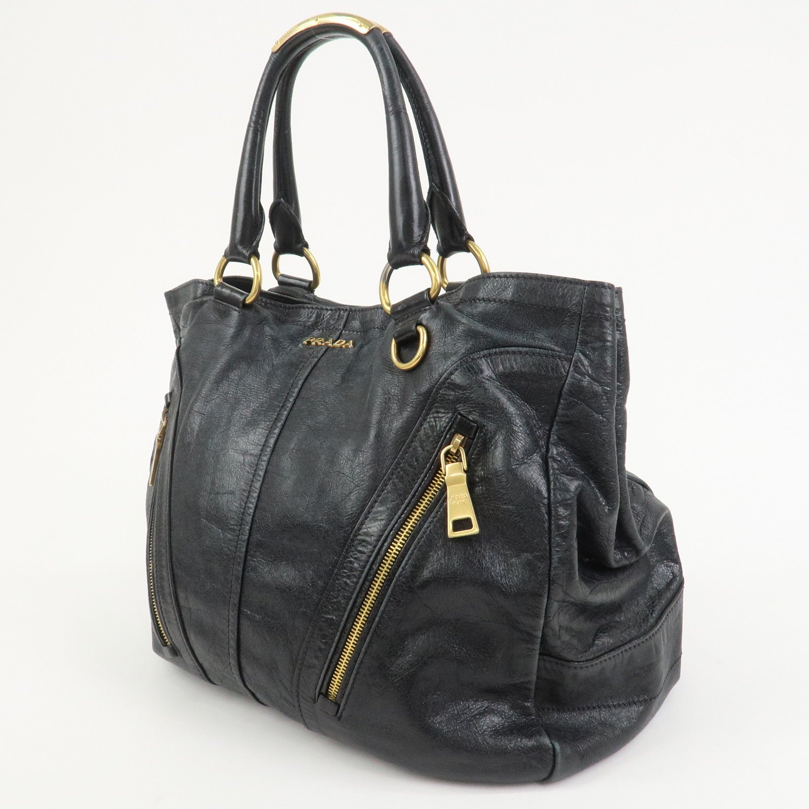 PRADA Logo Leather Tote Bag Shoulder Bag Black