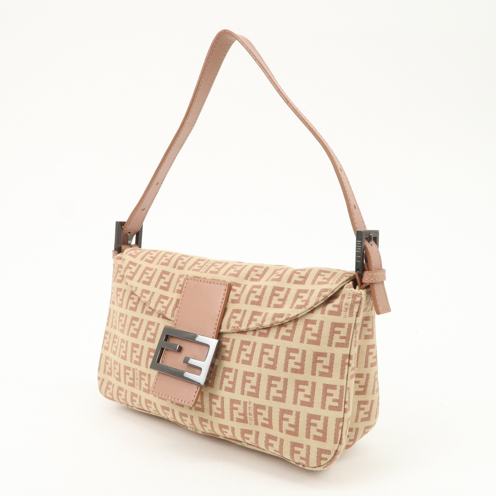 FENDI Mamma Baguette Zucchino Canvas Leather Pink Beige 8BR003 Used